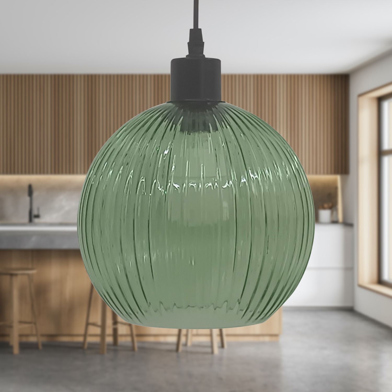 Modern Green Ribbed Glass Globe Kitchen Dining Pendant Ceiling Light Fitting - Picture 4 of 33