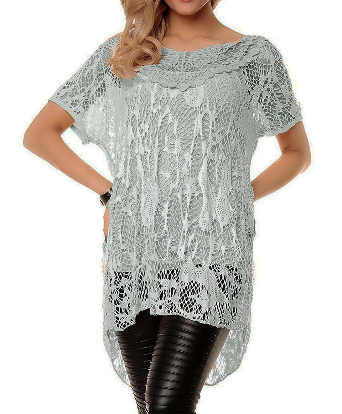 Womens Ladies Italian Lagenlook Crochet Lace Mesh Casual Tunic Tops