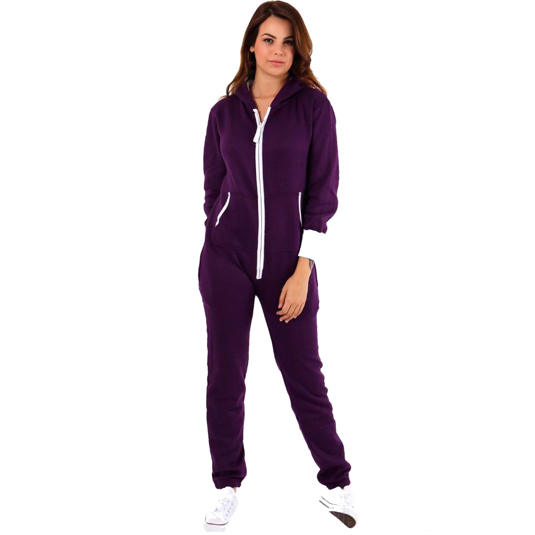 Womens Ladies Adult Plain Hooded Playsuit Zip Up Fleece Jumpsuit All In One