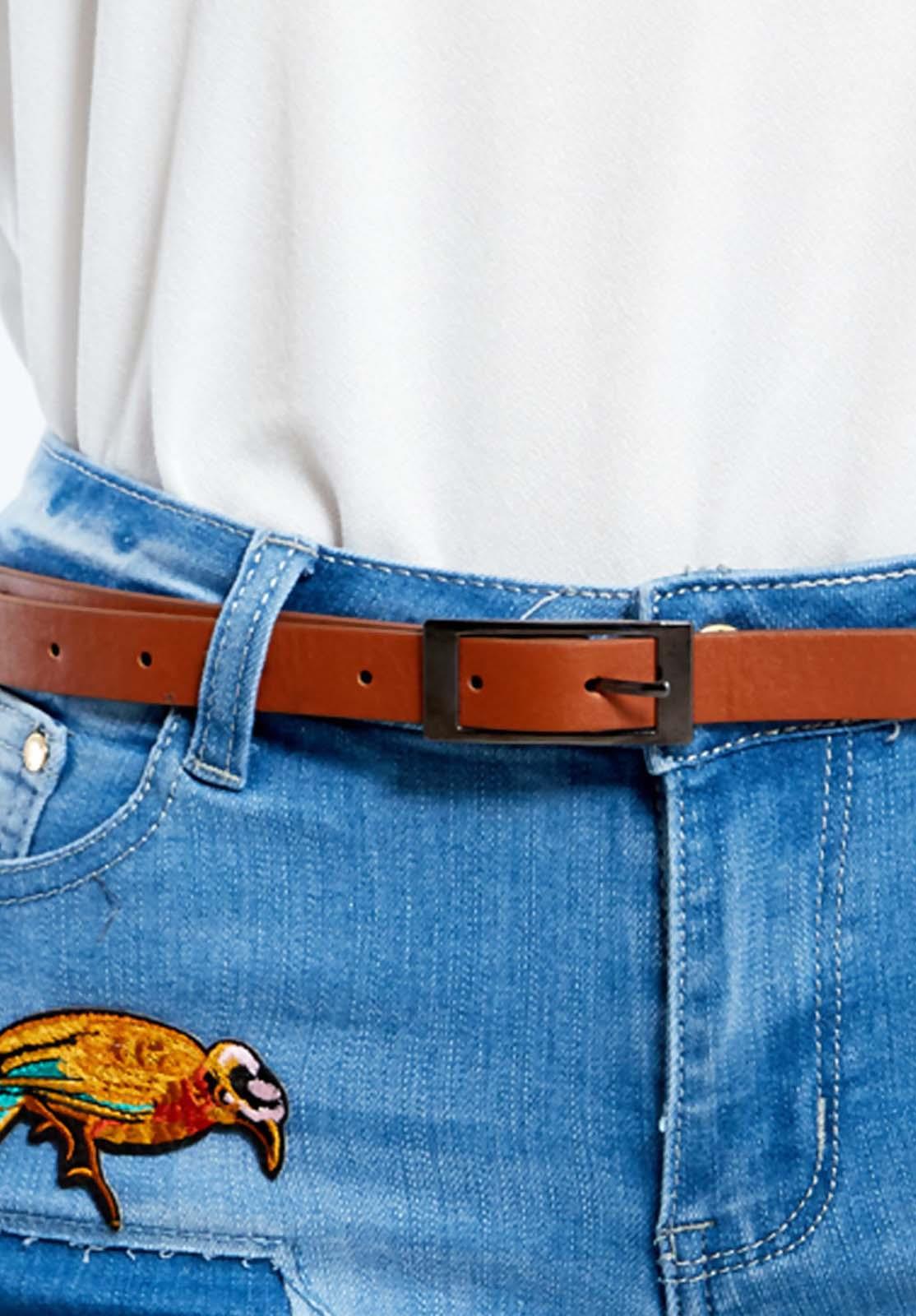 Ladies Brown Diamante Jeans Narrow Buckle Belt Womens Leather Thin Waist Strap