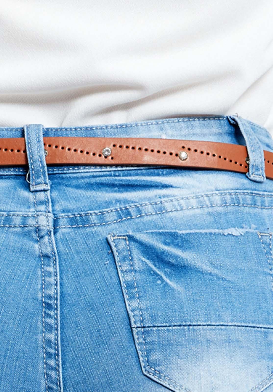Ladies Brown Diamante Jeans Narrow Buckle Belt Womens Leather Thin Waist Strap