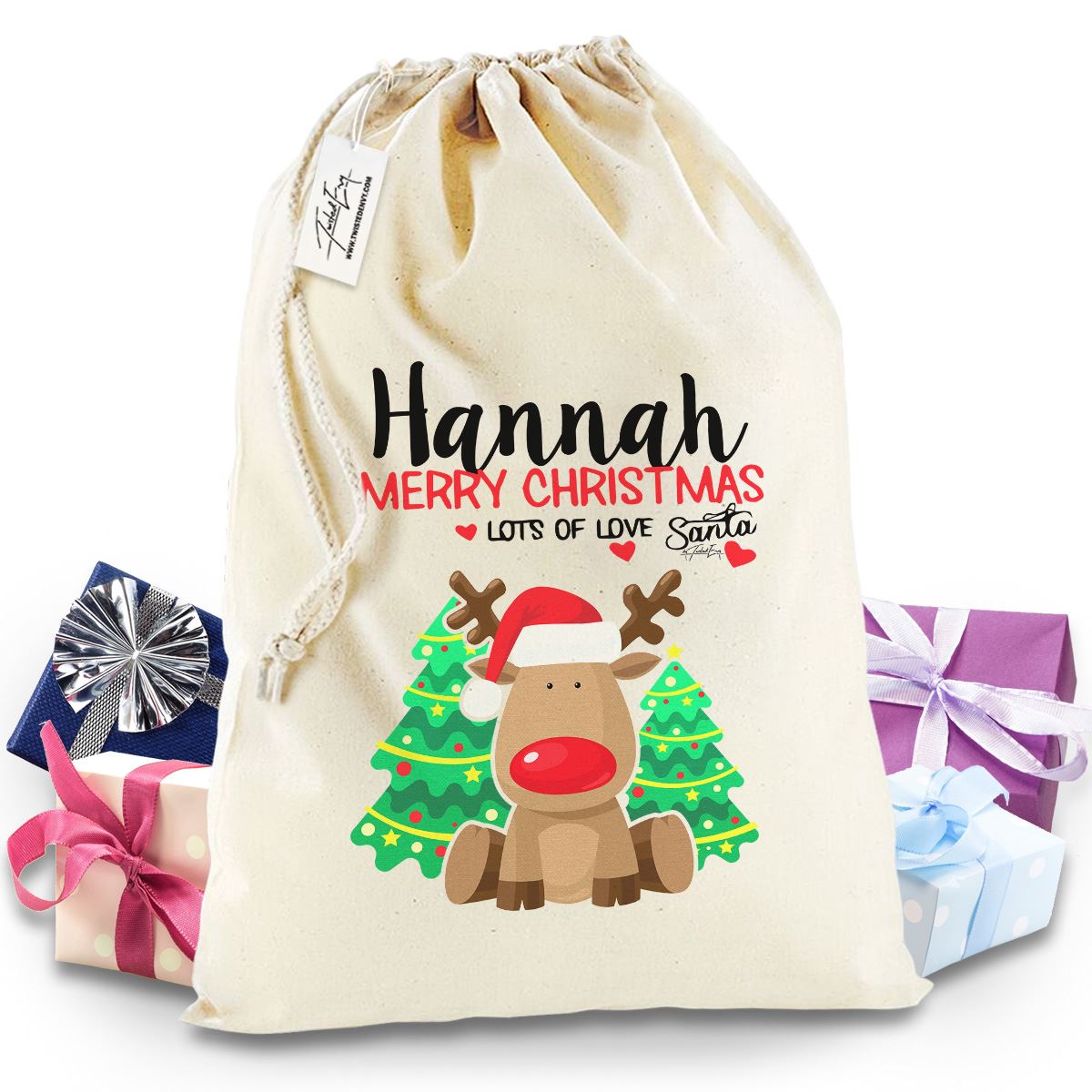 Personalised Merry Christmas Rudolph Christmas Sack Present Bag Santa Mail Post