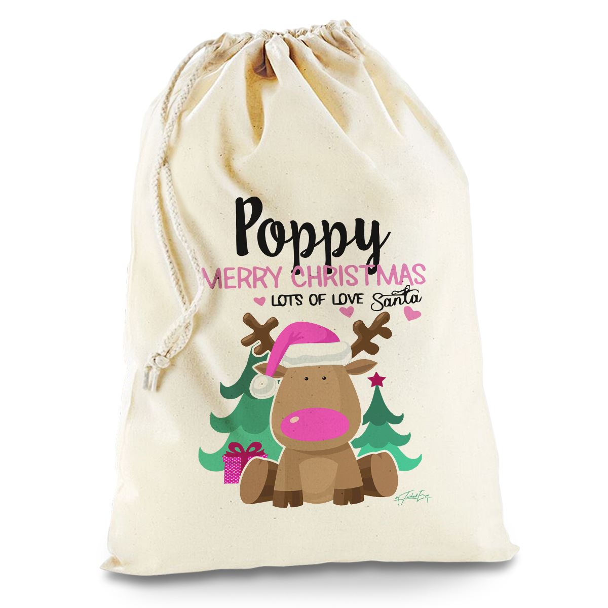 personalised pink reindeer natural christmas santa sack personalised pink reindeer natural christmas santa sack