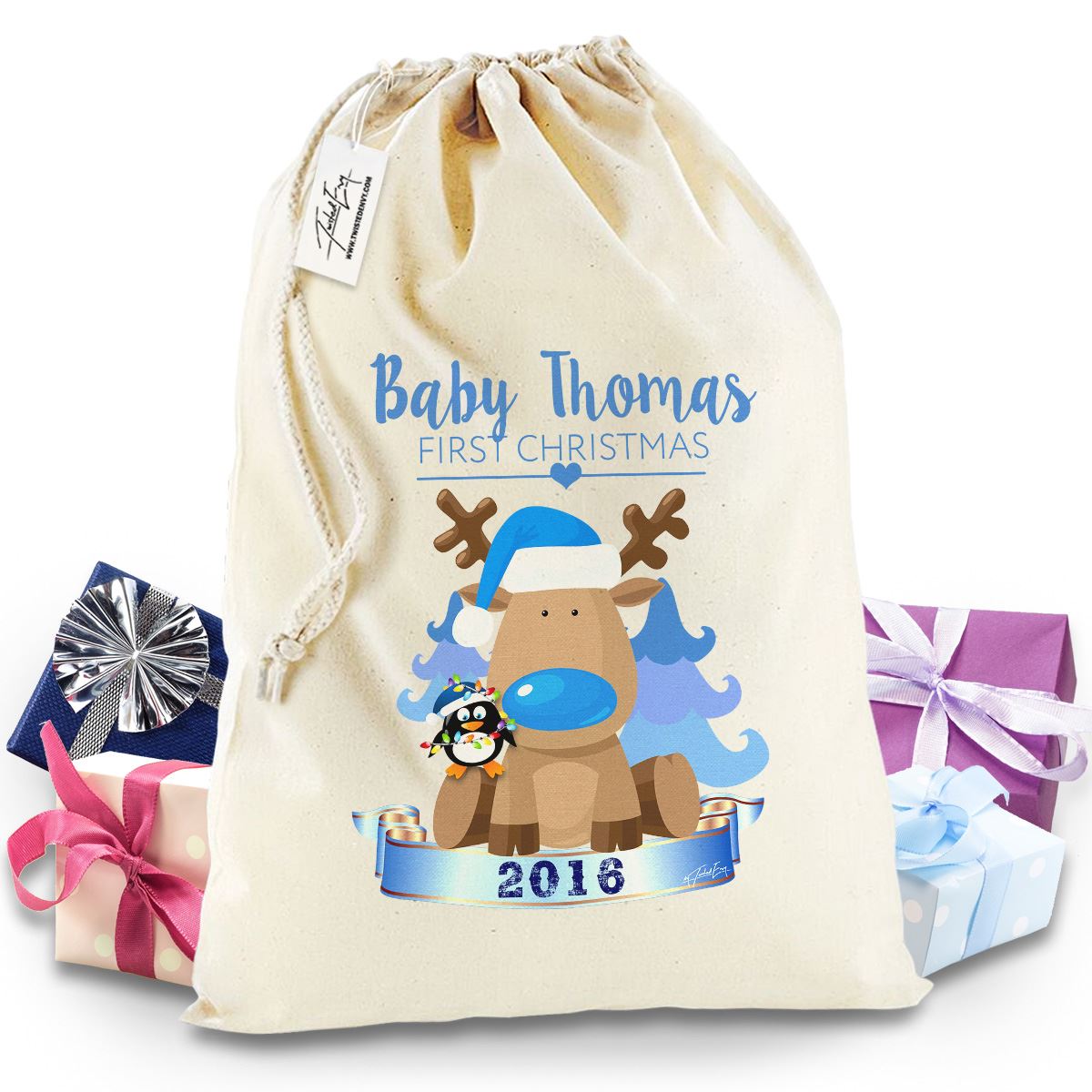 TWISTED ENVY Personalised Xmas Penguin Large Green Christmas Santa Sack TWISTED ENVY Personalised Xmas Penguin Large Green Christmas Santa Sack