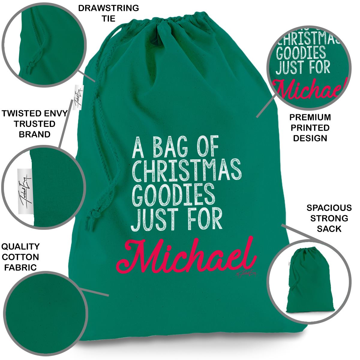 a bag of christmas goodies personalised green christmas santa