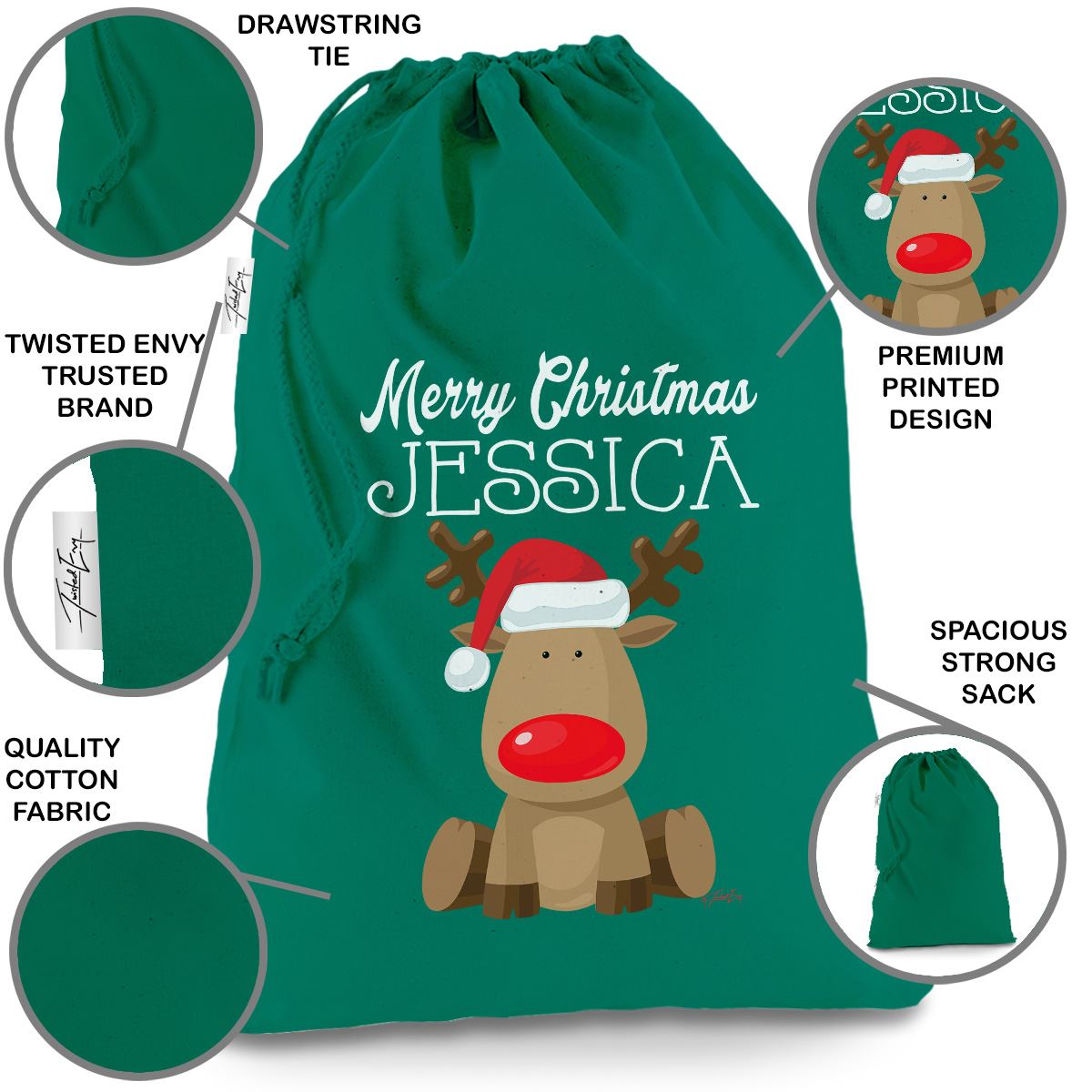 Personalised Nose Reindeer Green Christmas Present Santa Sack Mail Post Bag