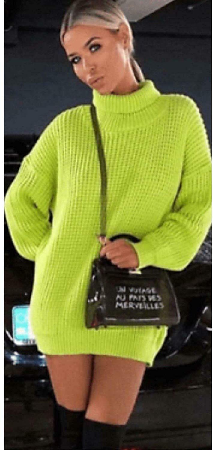 Womens Ladies Fluorescent Chunky Knitted High Neck Jumper Dress Sweater Long Top
