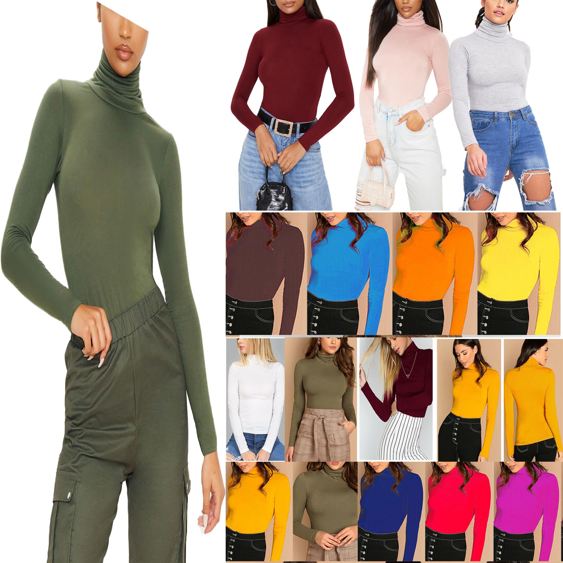 NEW LADIES POLO NECK TOP STRETCH LONG SLEEVE TURTLE NECK TOP JUMPER UK 8-26