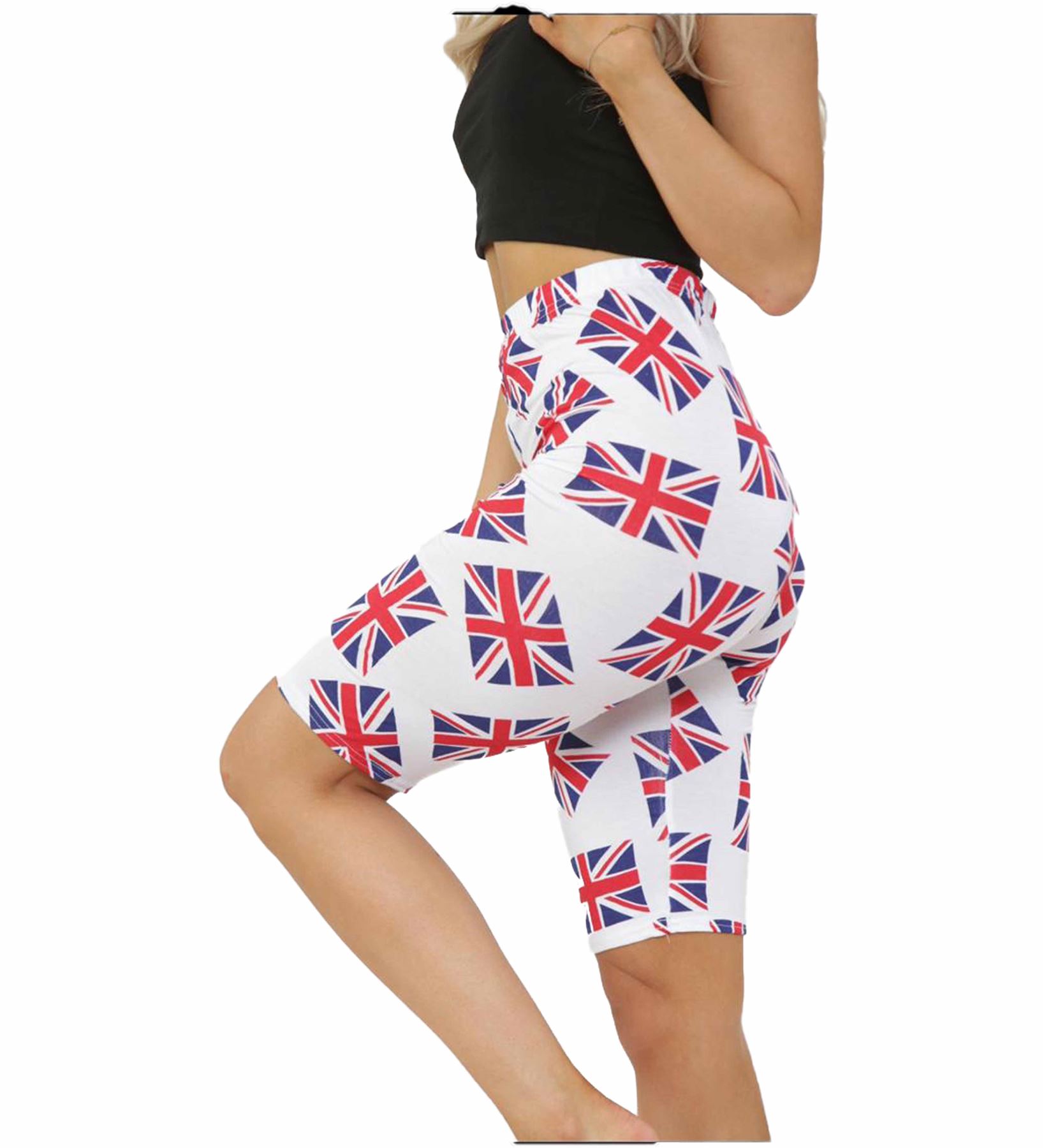 New Women Union Jack British Flag Printed Short High Waist Stretchy Pants Ladies - Picture 2 of 2