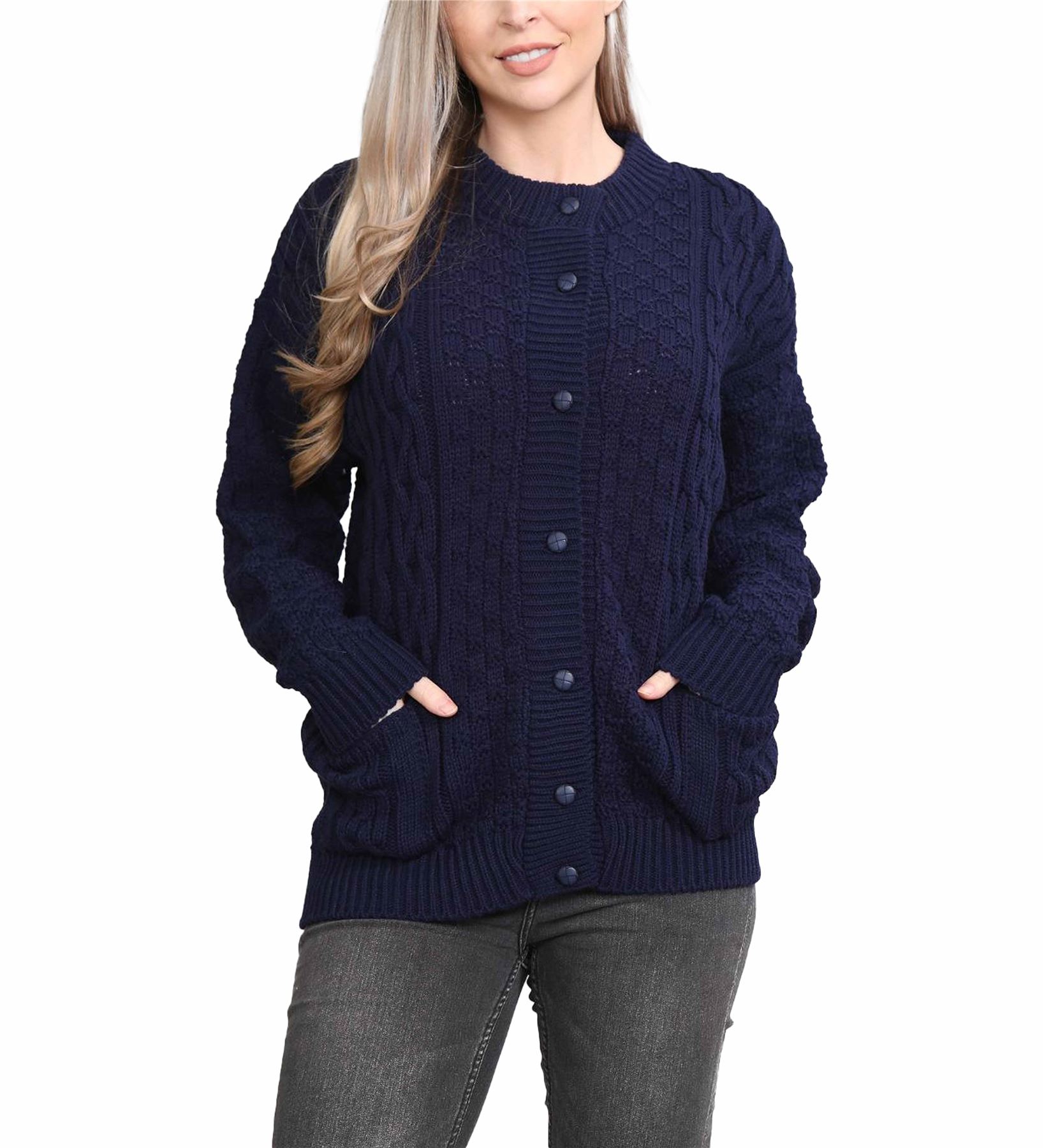 Ladies Cable Knitted Seven Button Two Pocket Round Neck Cardigans Women ...