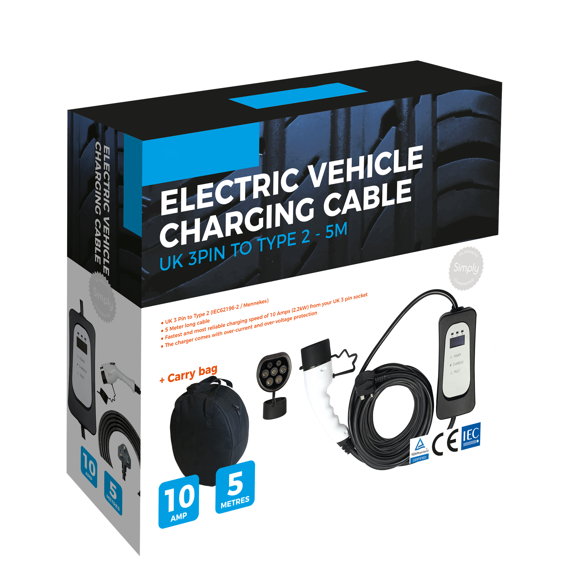 Type 2 EV Electric Vehicle Charger UK 3 Pin Home 10A 2.2 KW 5M Cable with Bag eBay