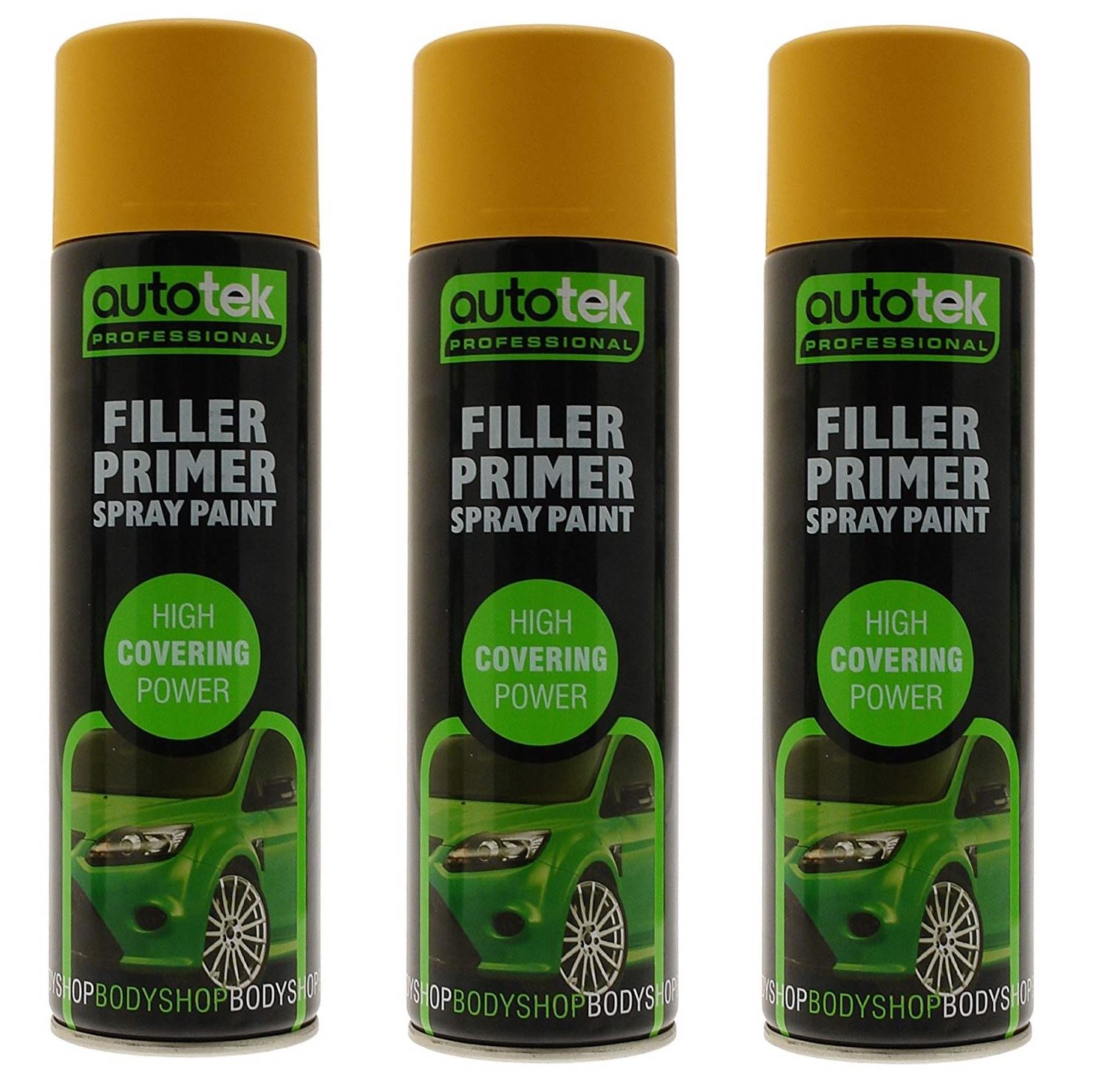 3x Autotek Yellow Filler Primer 500ML High Covering Spray Paint