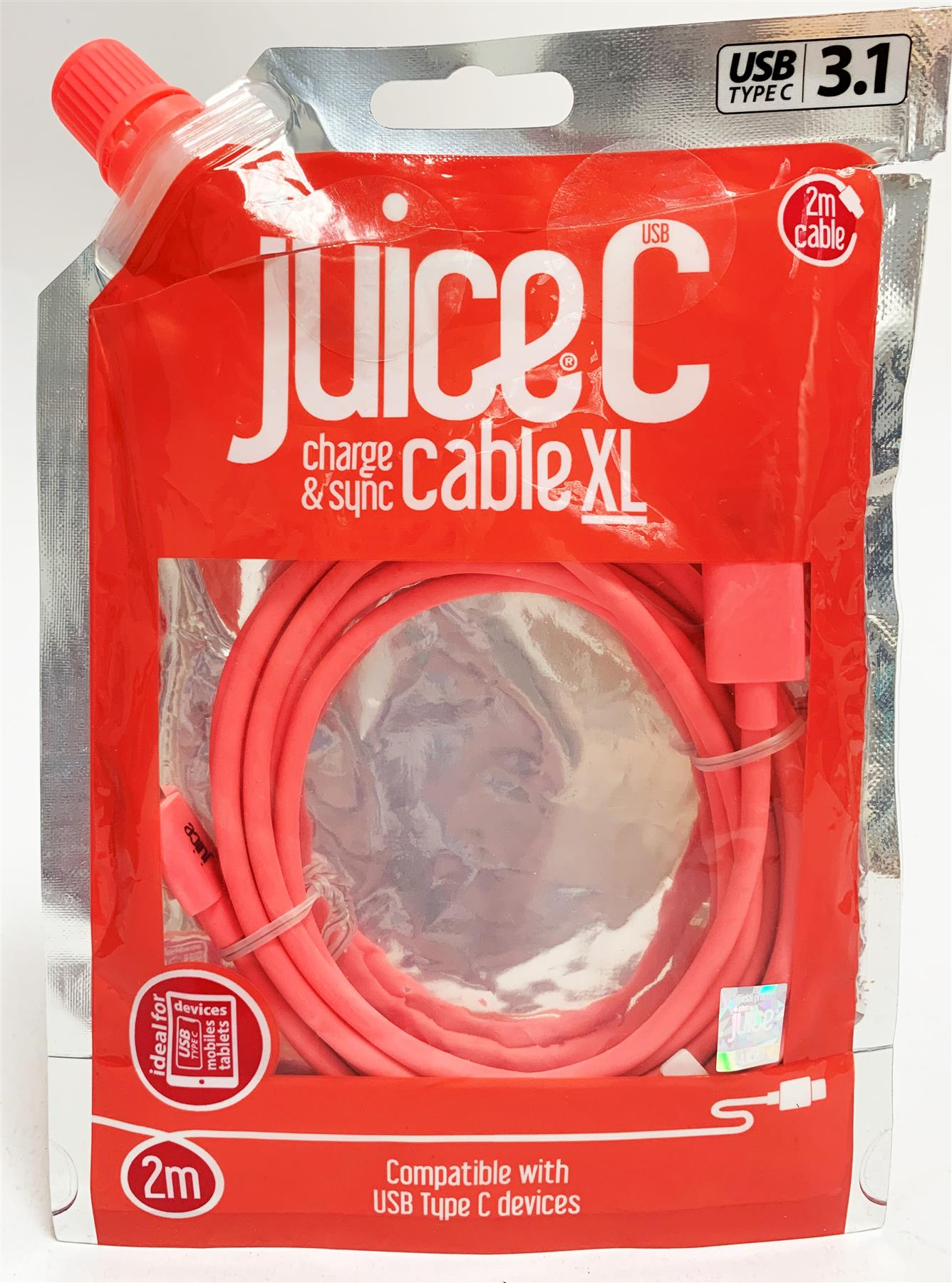 NEW Juice USB Type C Charge & Sync XL Cable 3.1 2m Coral Mobiles
