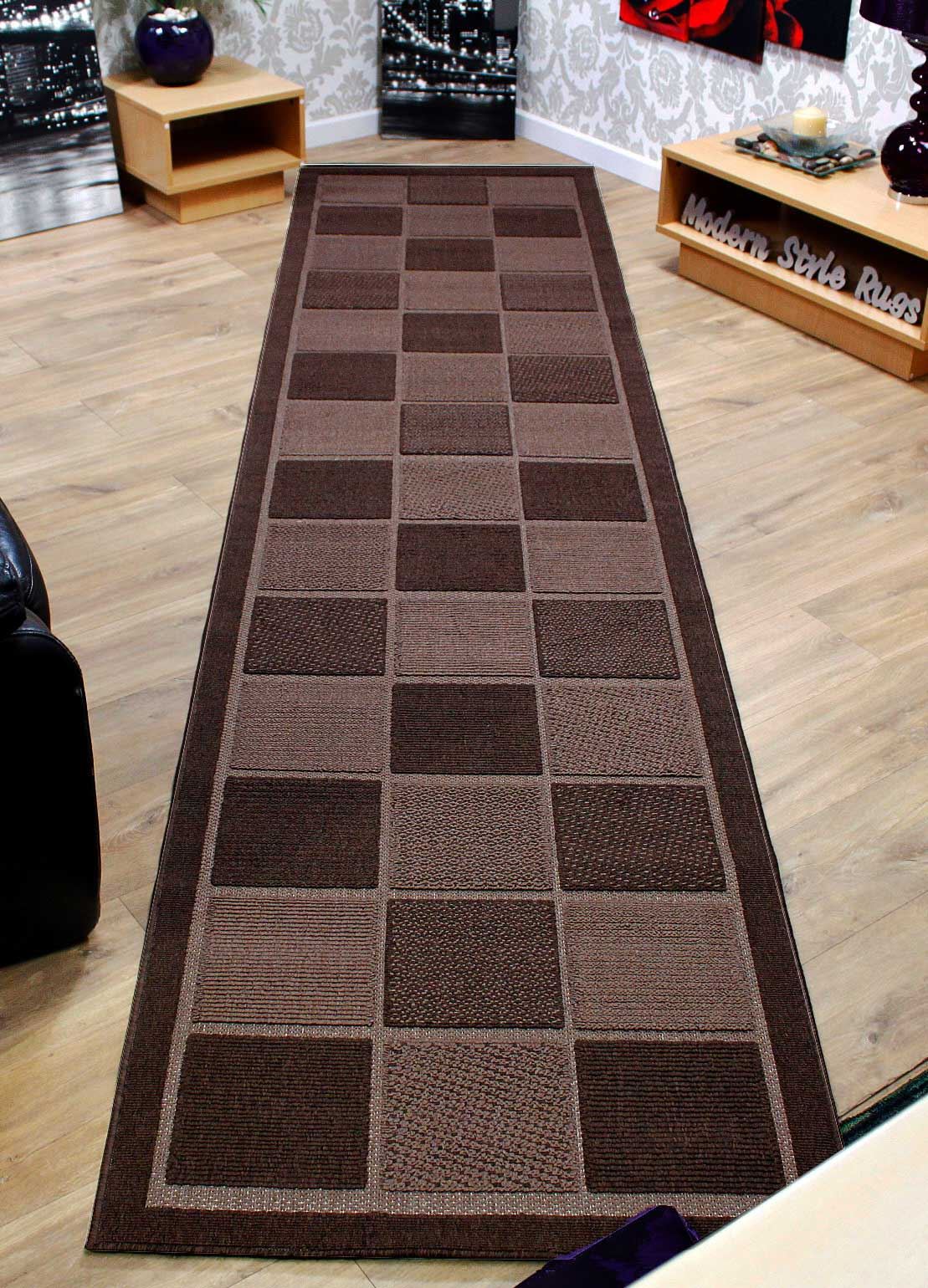 Checkered Brown or Cream [Extra Long] & [Extra Wide] Hallway Runner Rug