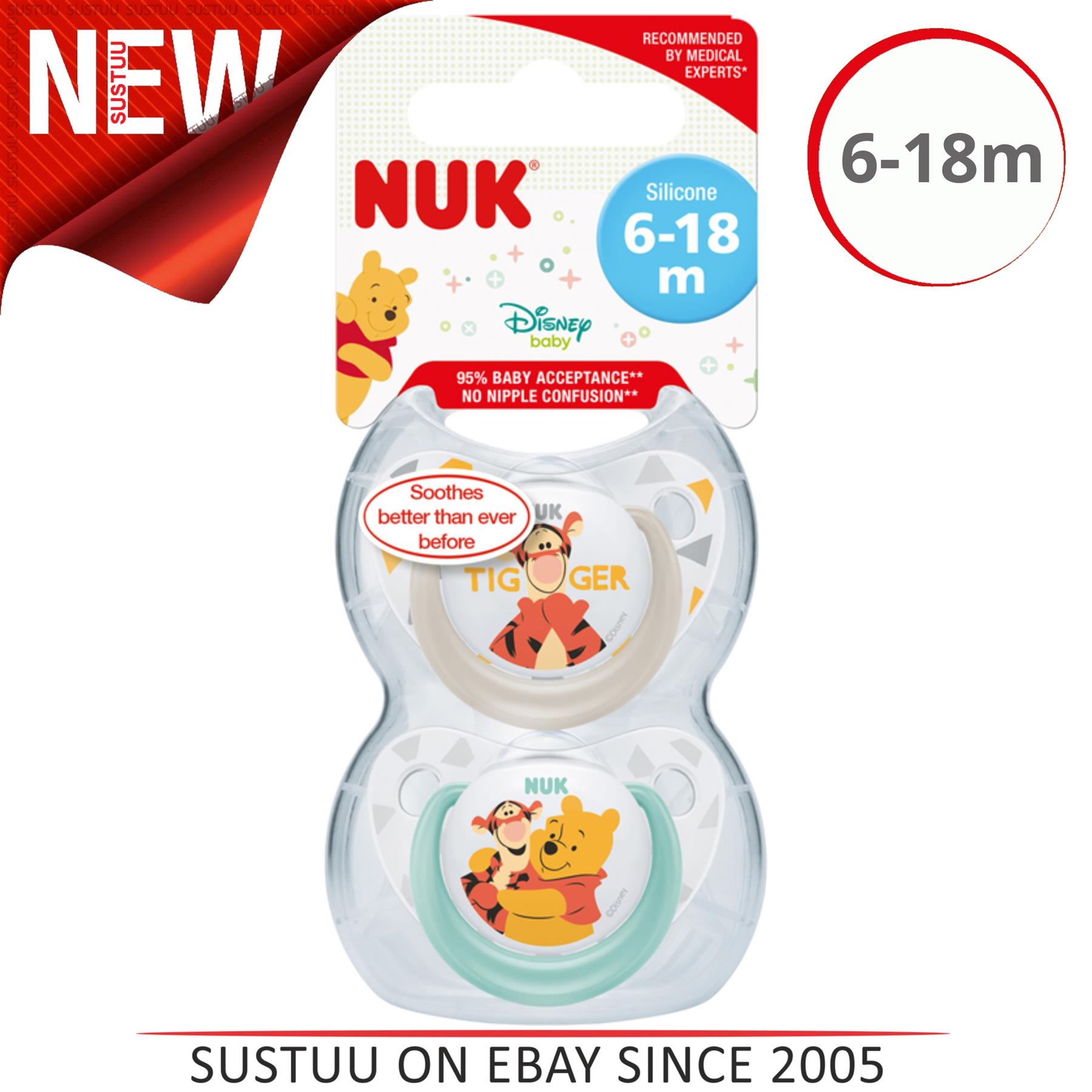 X 2 packs NUK 0//6 Soother//Dummy Disney Pooh Design Silicone