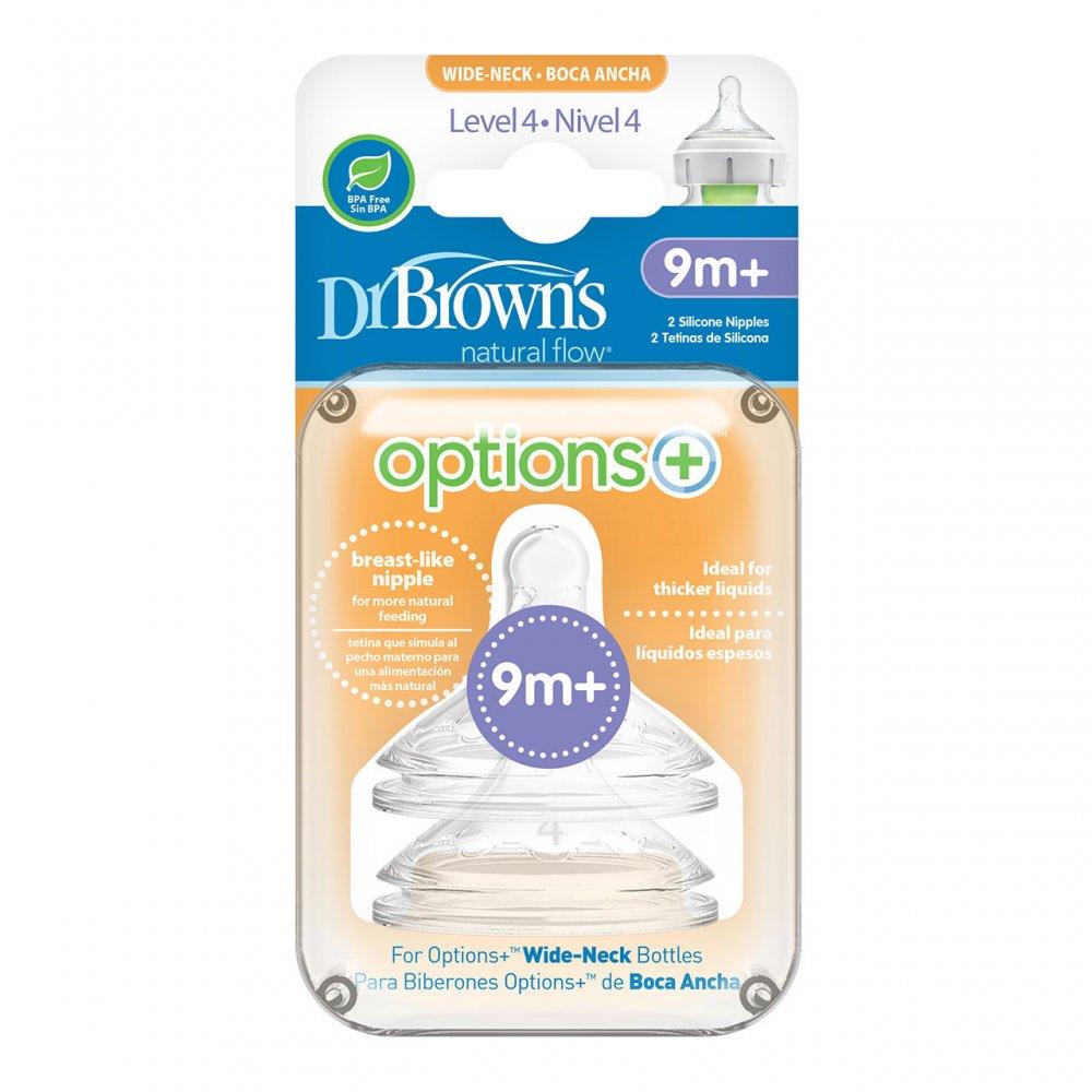 Dr Brown/'s las TETINAS FLUJO NATURAL CUELLO ANCHO 2 por paquete Y-Cut pezones para 9m+