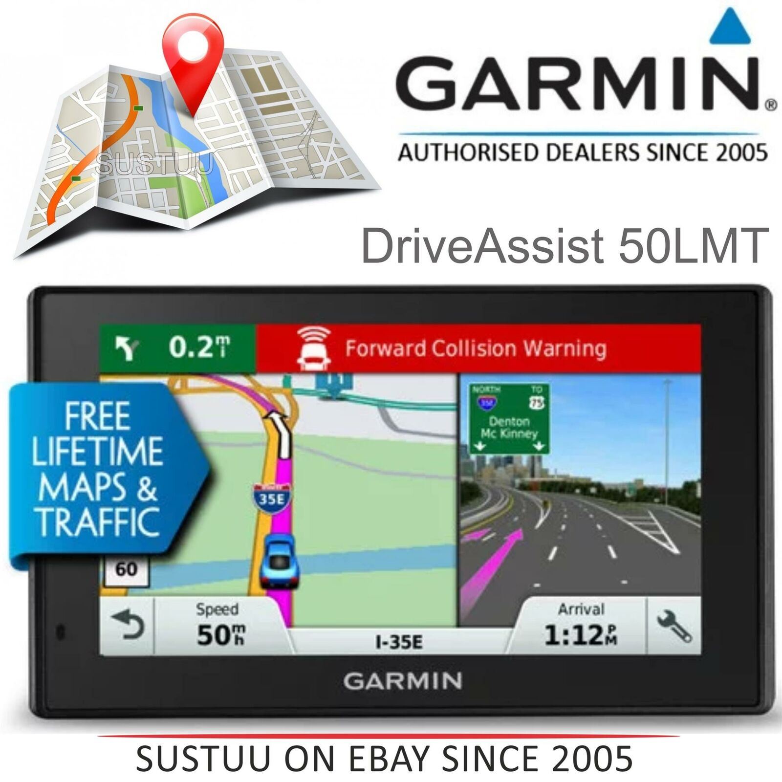 Built-in Dash Cam, Lifetime Map Updates and Digital Traffic for UK, Ireland and Full Europe, Bluetooth Refurbished - Black Garmin DriveAssist 50LMT-D 5 inch Satellite Navigation System Built-in Dash Cam, Lifetime Map Updates and Digital Traffic for UK, Ireland and Full Europe, Bluetooth Refurbished - Black Garmin DriveAssist 50LMT-D 5 inch Satellite Navigation System