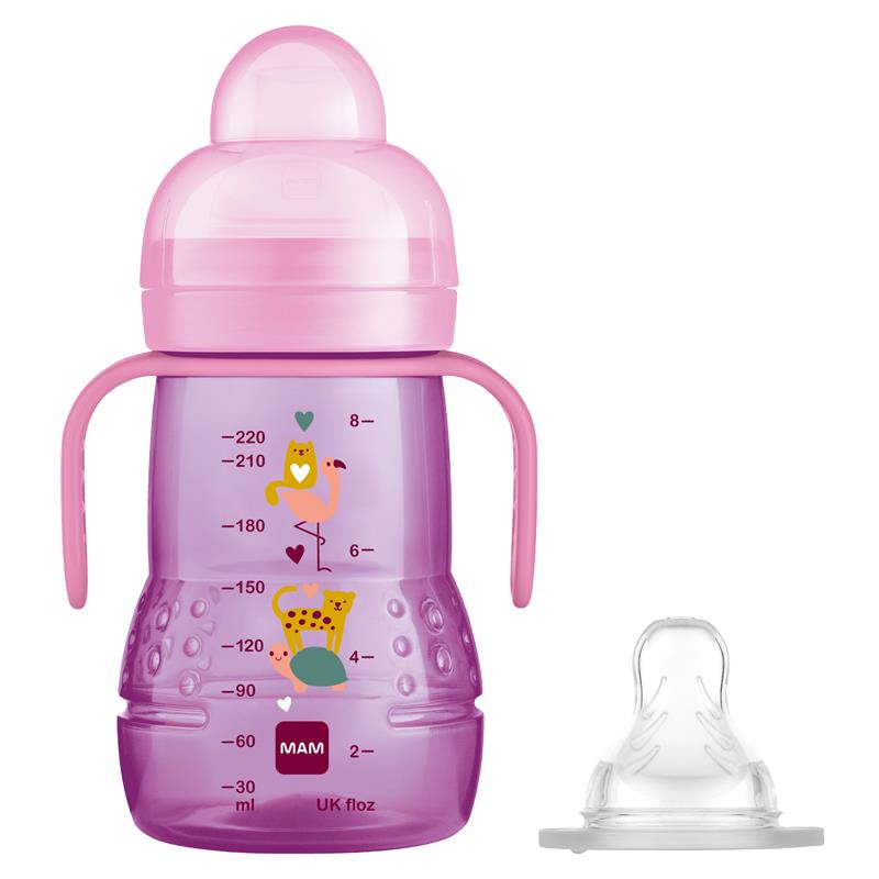 MAM 2 in 1 Trainer Cup│Non Slip Easy Hold Handles|Silk Teat & Spout│220ml│Pink
