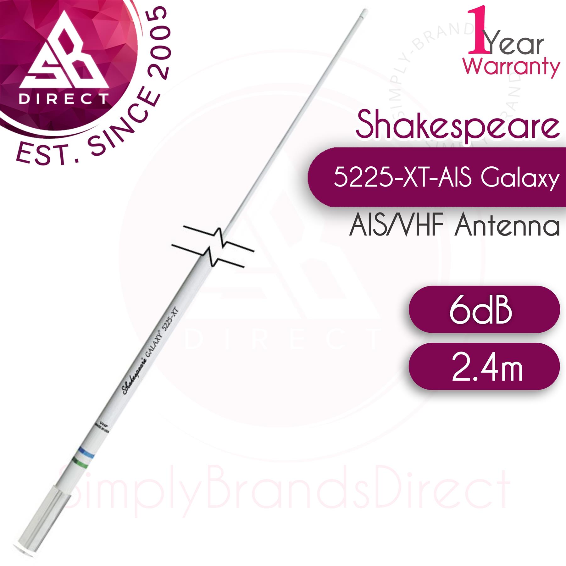 Shakespeare 5225-XT-AIS Galaxy 2.4m VHF AIS Antenna with RG-8X Cable│6dB│InUK