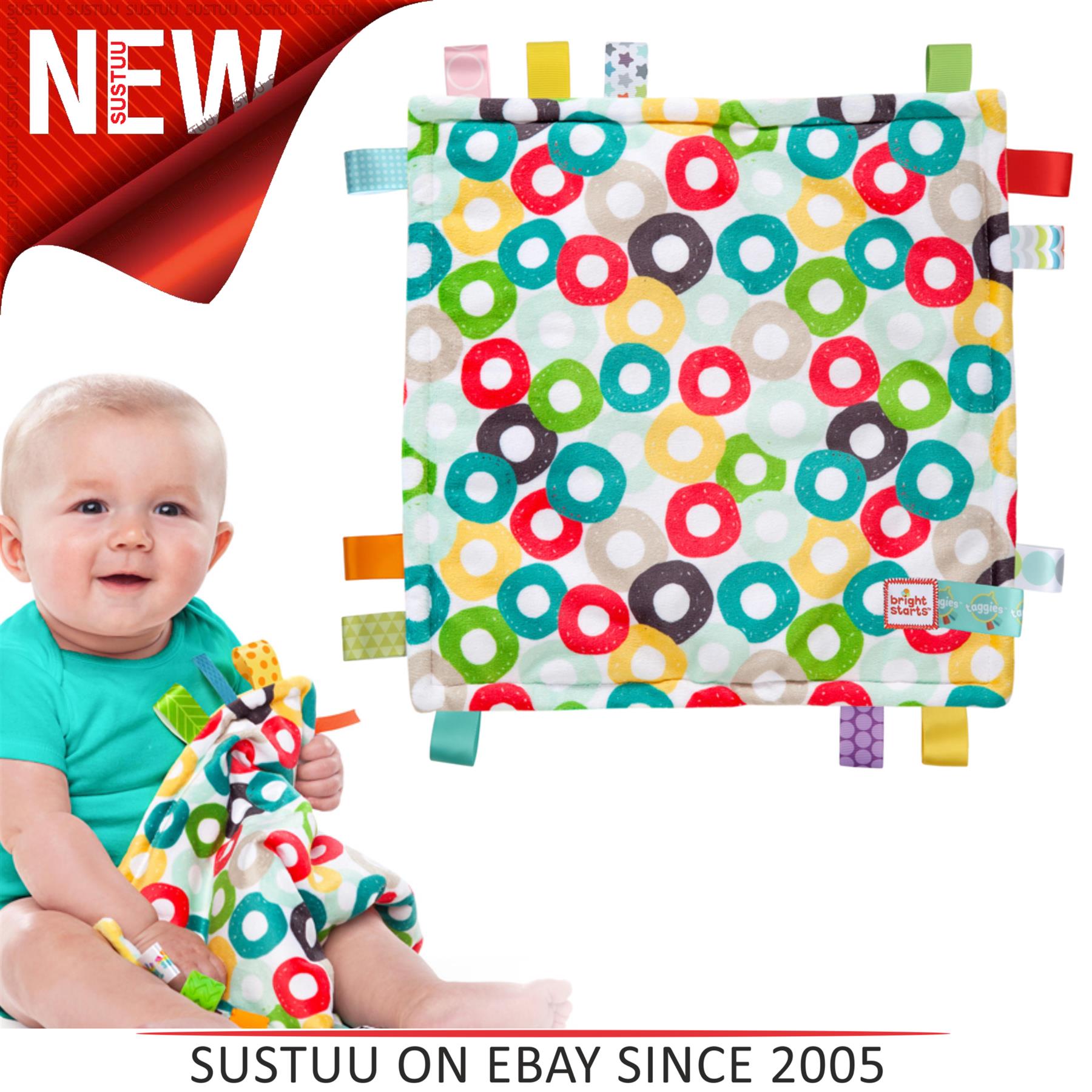 New NWT Bright Starts Little Taggies Blue Squares Lovey Security Blanket 12 X 12