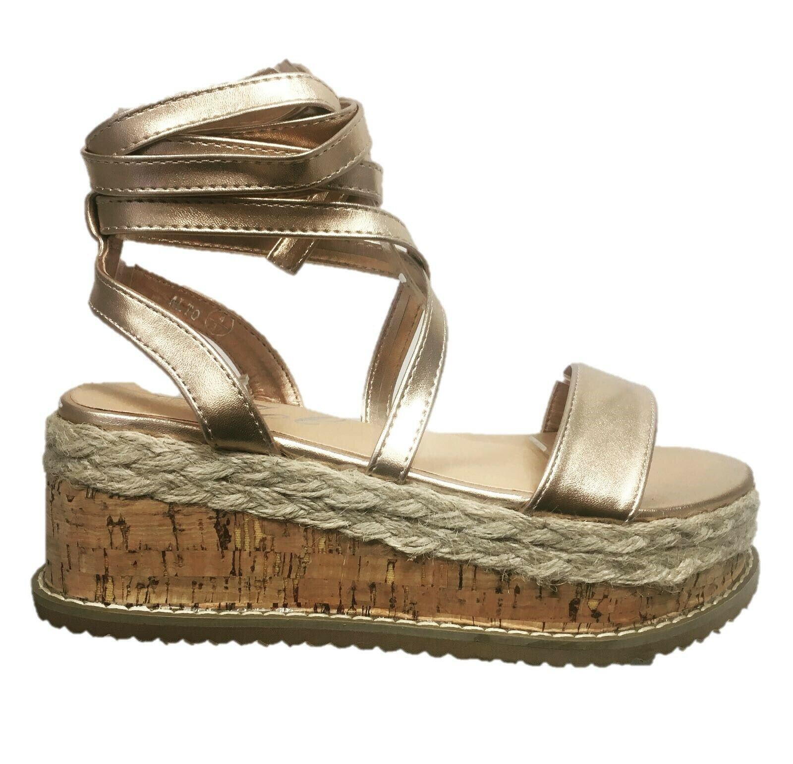 Womens Ladies Lace Up Flatform Cork Espadrille Platform Wedge Sandals Shoes - Picture 7 of 9