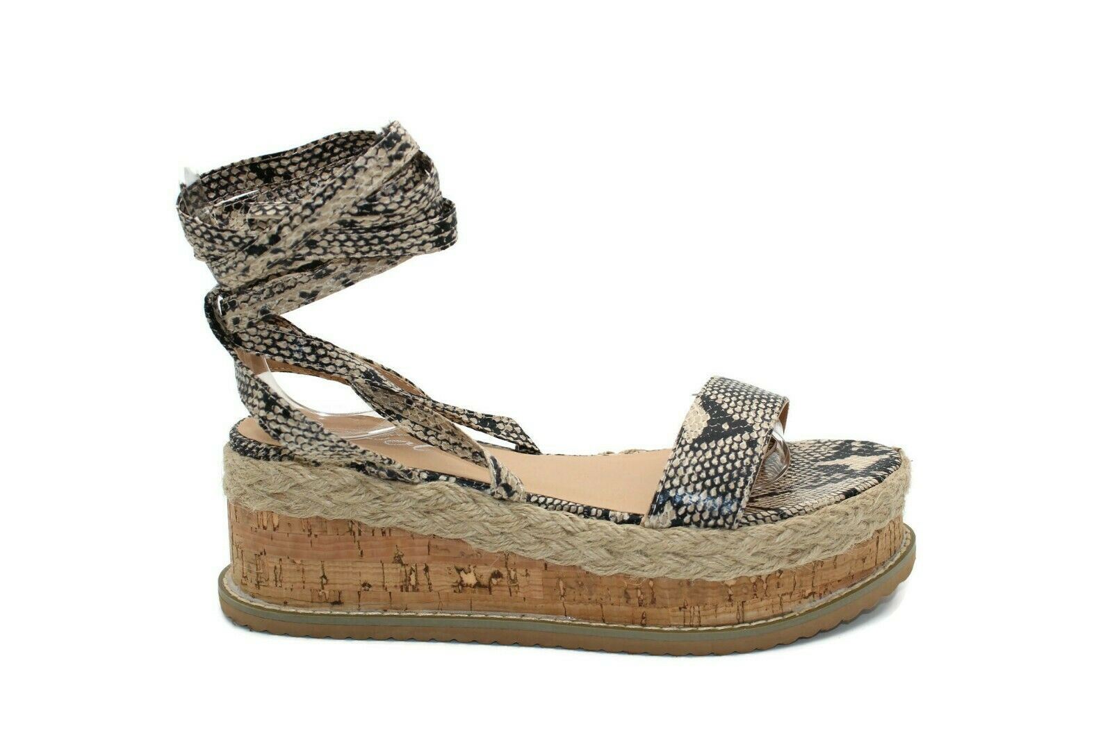Womens Ladies Lace Up Flatform Cork Espadrille Platform Wedge Sandals Shoes - Picture 8 of 9