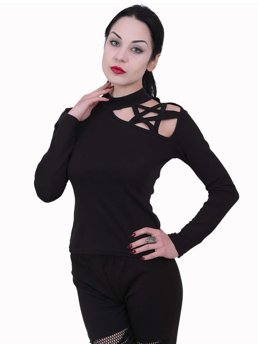 Spiral Gothic Elegance Pentagram Shoulder Black Top - Picture 6 of 15