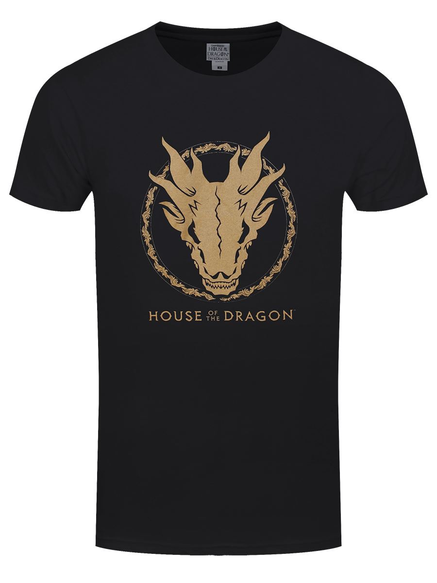 House Of The Dragon Gold Ink Skull Mens Black T-Shirt - Picture 3 of 10