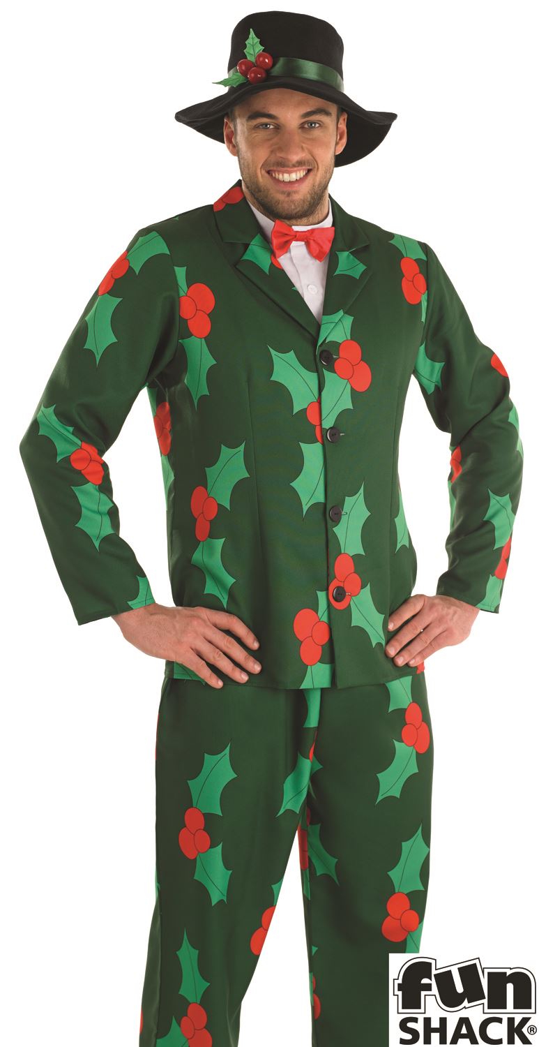 Mens Green Holly Print Suit Christmas Xmas Adult Fancy Dress Costume & Hat - Picture 2 of 2