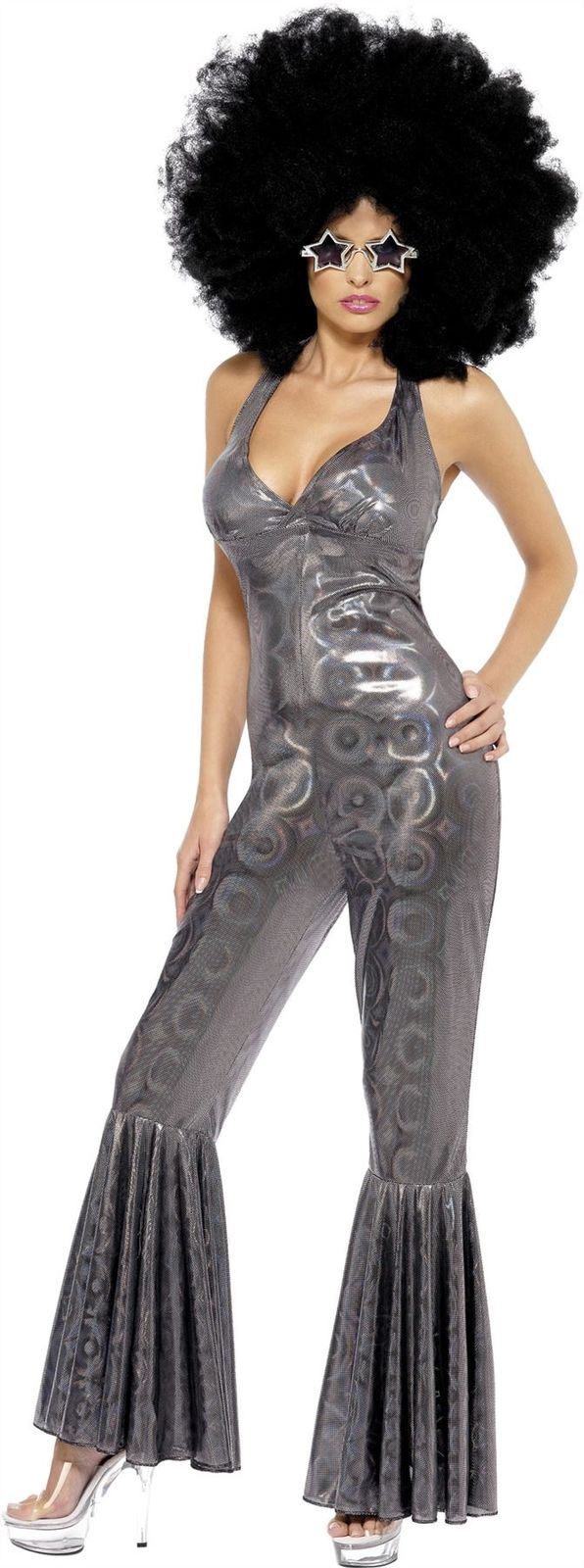 Ladies Disco Diva Costume Adult 70s 80s Fancy Dress Costume Jumpsuit