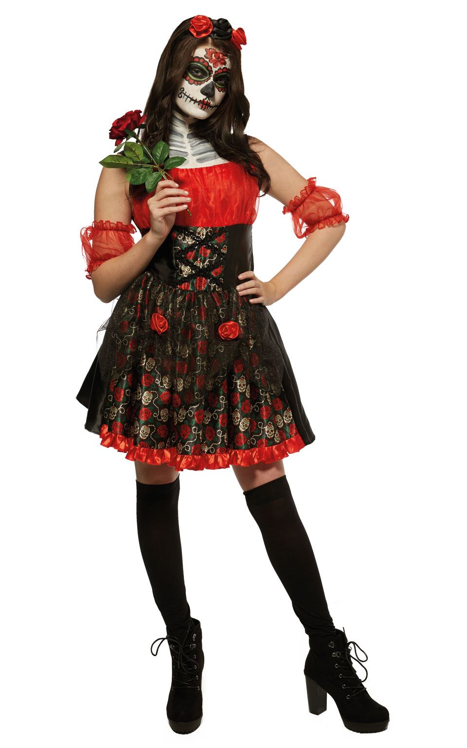Ladies Red Rose Day Of The Dead Costume Hallowen Mexican Fancy Dress Outfit