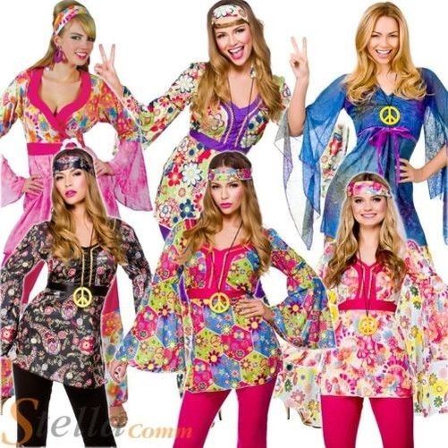 Ladies Hippie 60s 70s Hippy Flower Fancy Dress Costumes Flares Adult