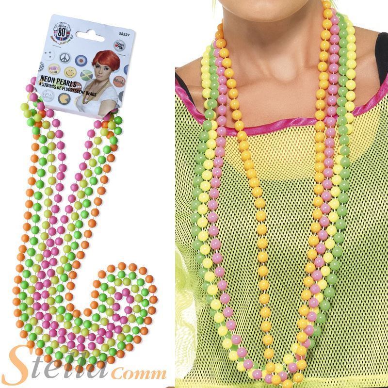 4 x Neon Party Beads Fluorescent Necklace 80s Disco Hen Night Fancy Dress New