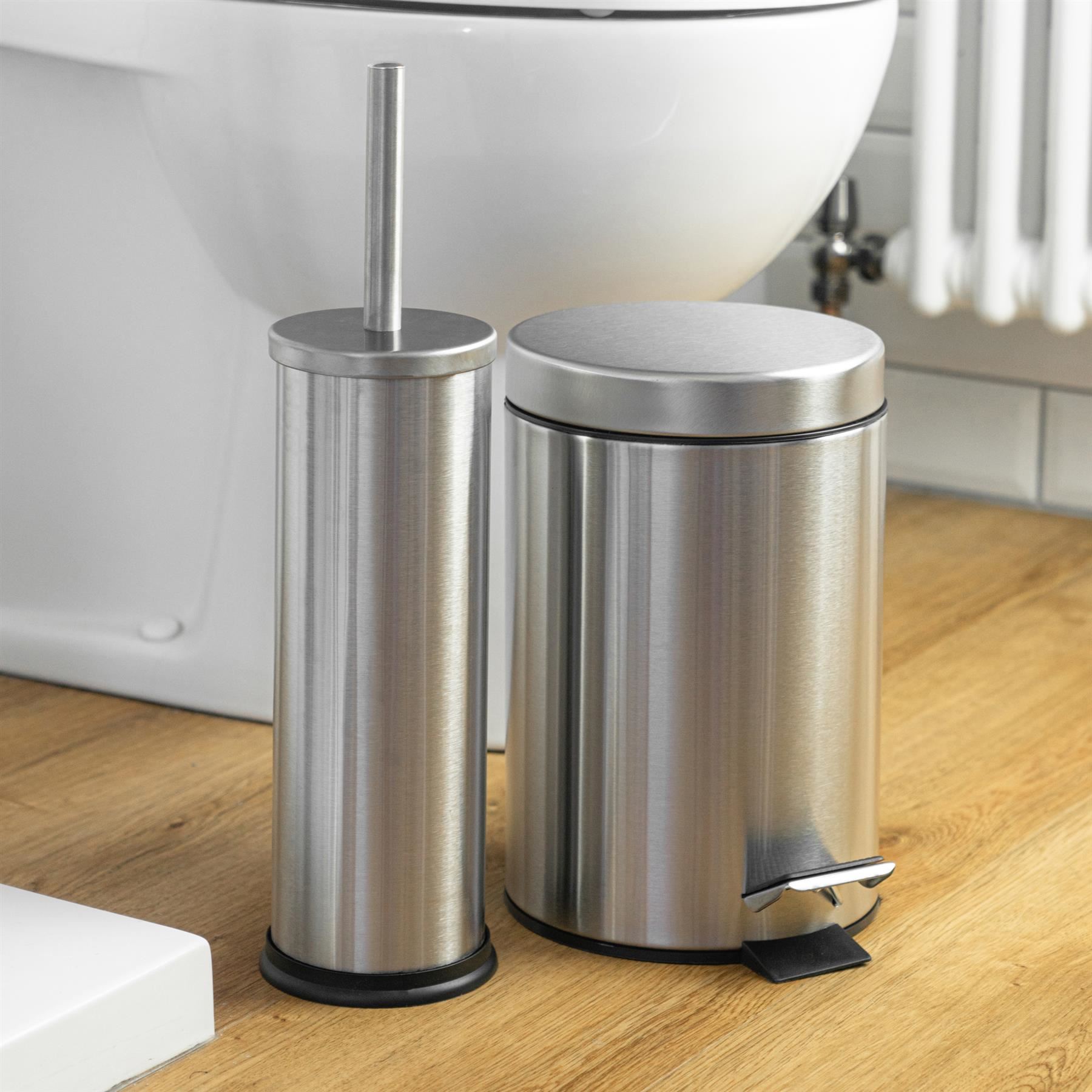 3L Round Toilet Brush & Bin Set Stainless Steel Bathroom Rubbish Pedal Bin - Picture 10 of 15