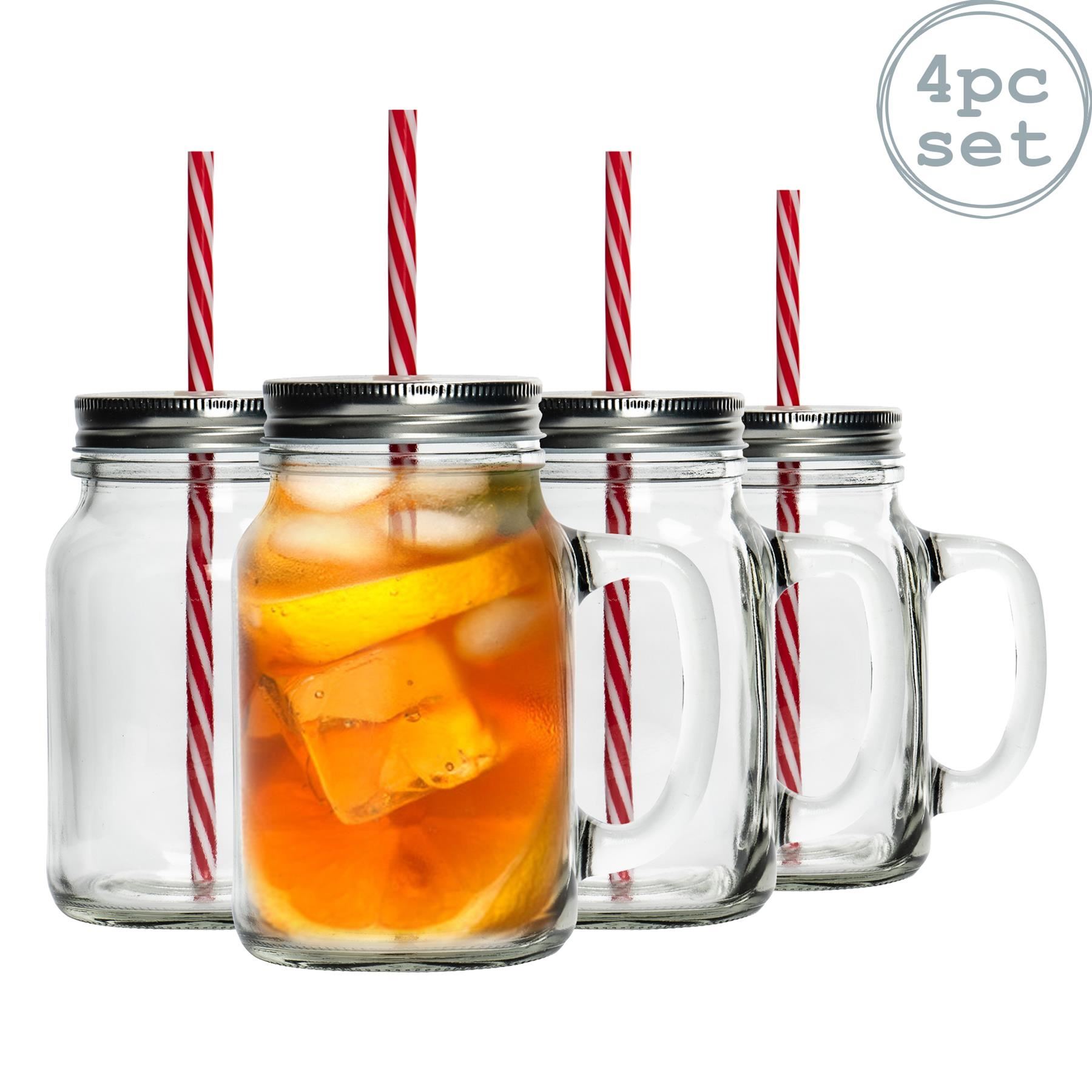 4 Mason Glass Jam Jar Drinking Cocktail Glasses with Straw & Lid, 620ml