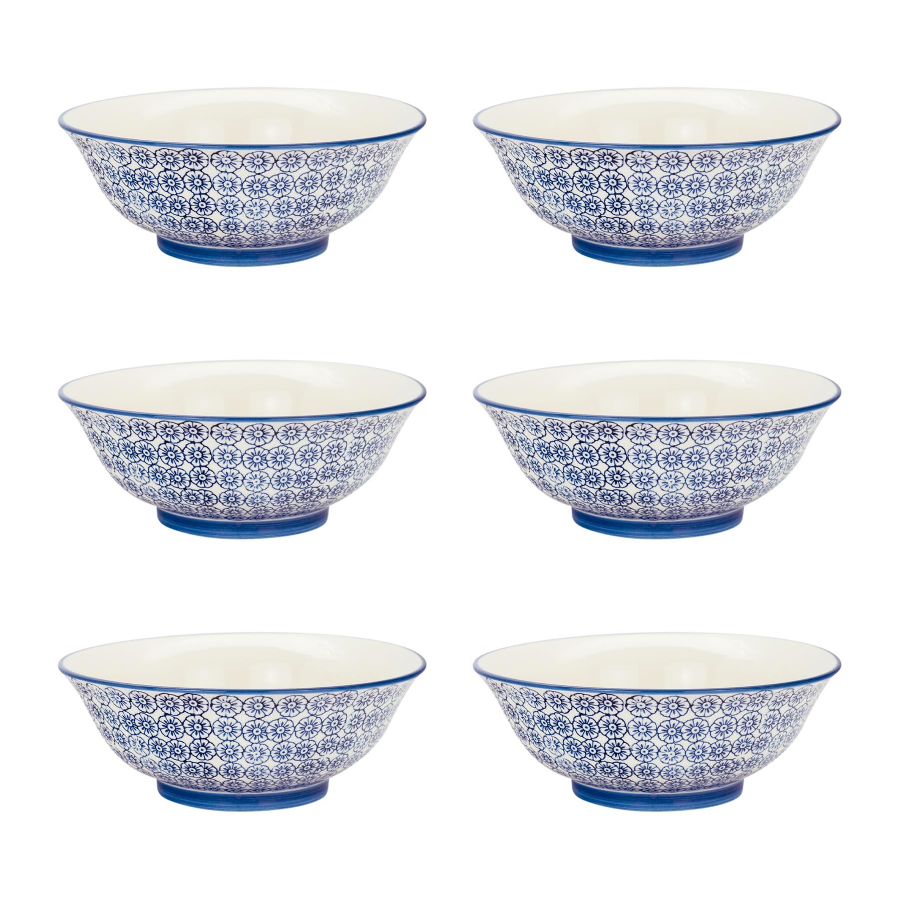 6x Ramen Noodle Soup Bowl Set Hand Printed Japanese Crockery 20cm Navy