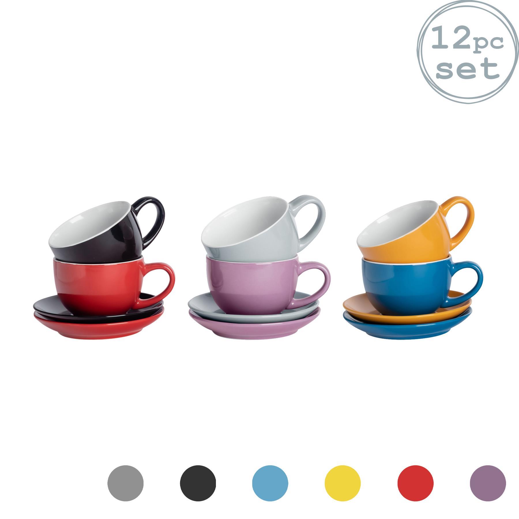 6x Coloured Cappuccino Cups with Matching Saucer Set Porcelain Tea