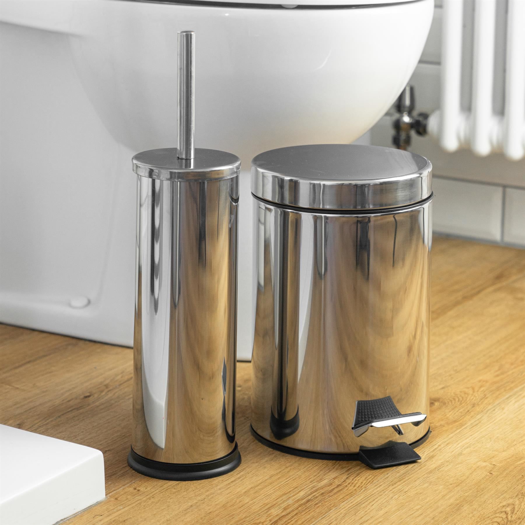 3L Round Toilet Brush & Bin Set Stainless Steel Bathroom Rubbish Pedal Bin - Picture 12 of 15