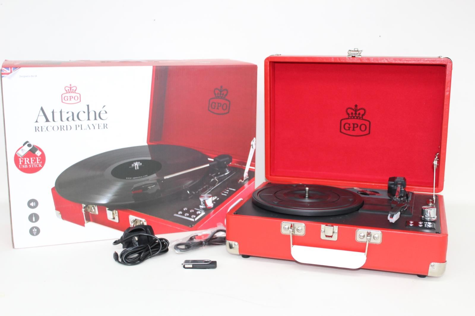 GPO Attache Portable Record Player In Red Carry Case With USB Stick