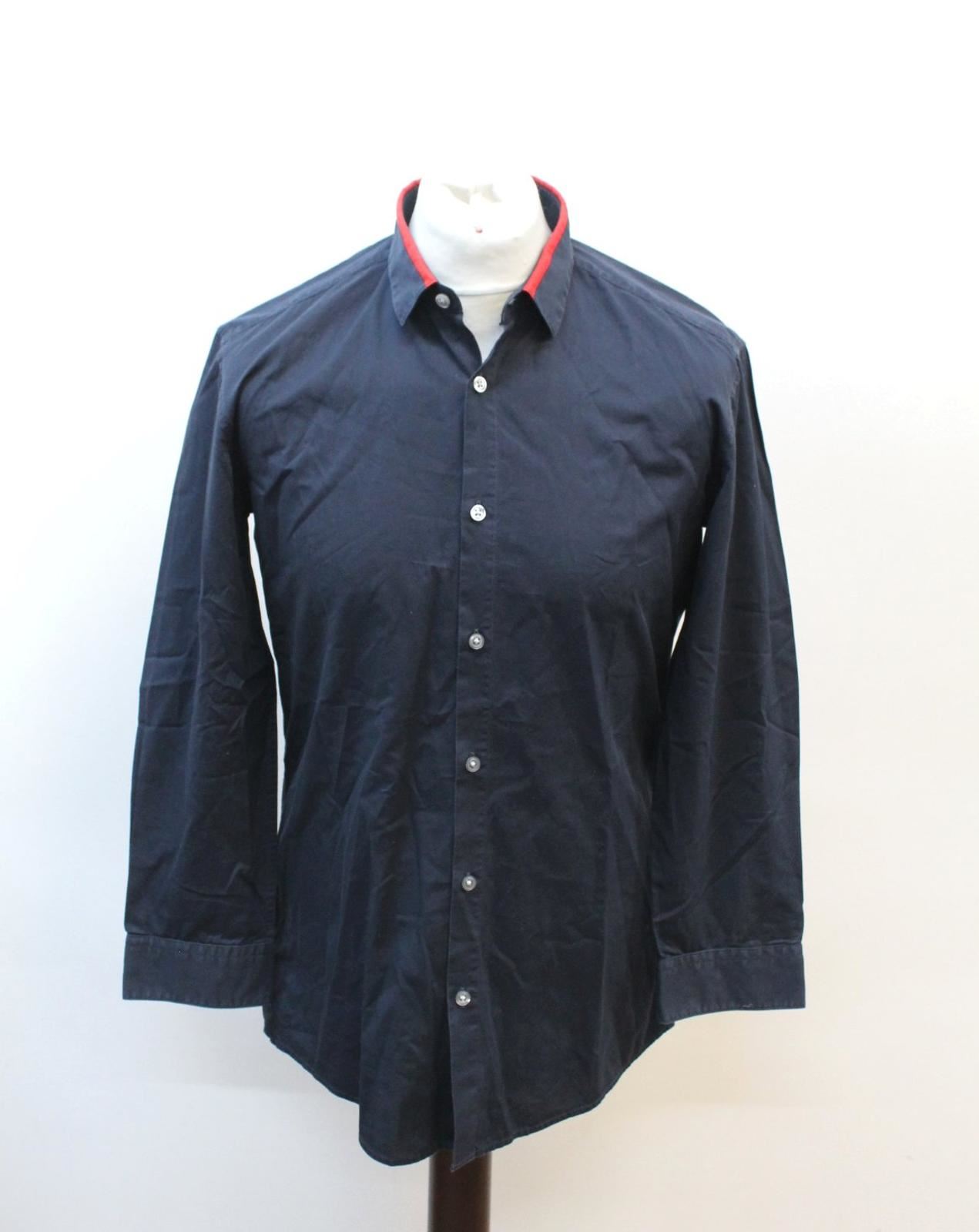 HUGO-BOSS-Men-039-s-Navy-Blue-Red-Cotton-Long-Sleeve-Slim-Fit-Casual-Shirt-M