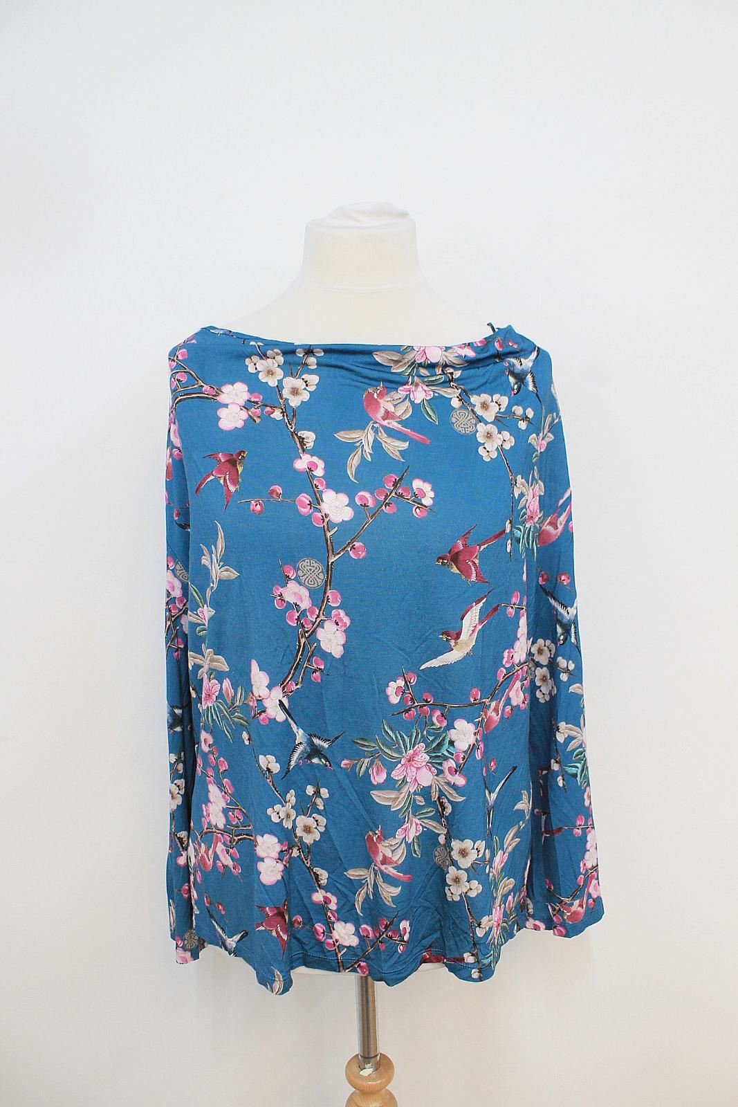 BIBA Ladies Sea Blau Birds Sakura Flowers Print Long Sleeved Boat Neck Top UK18 BIBA Ladies Sea Blau Birds Sakura Flowers Print Long Sleeved Boat Neck Top UK18