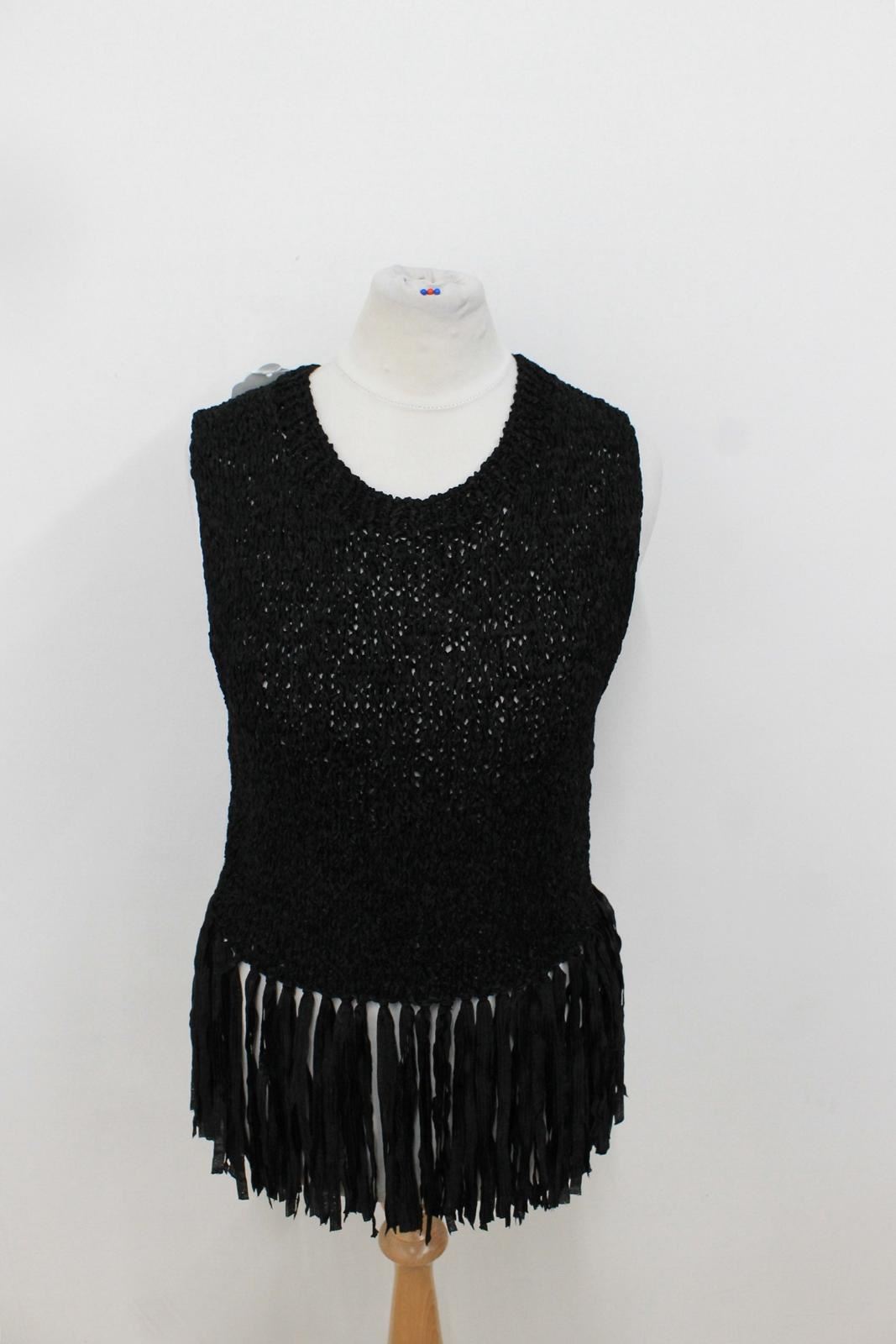 Neck Sleeveless Fringed Top Knitted Size Hem Xs c A Ladies l Black Tassel Crew qaZXH0