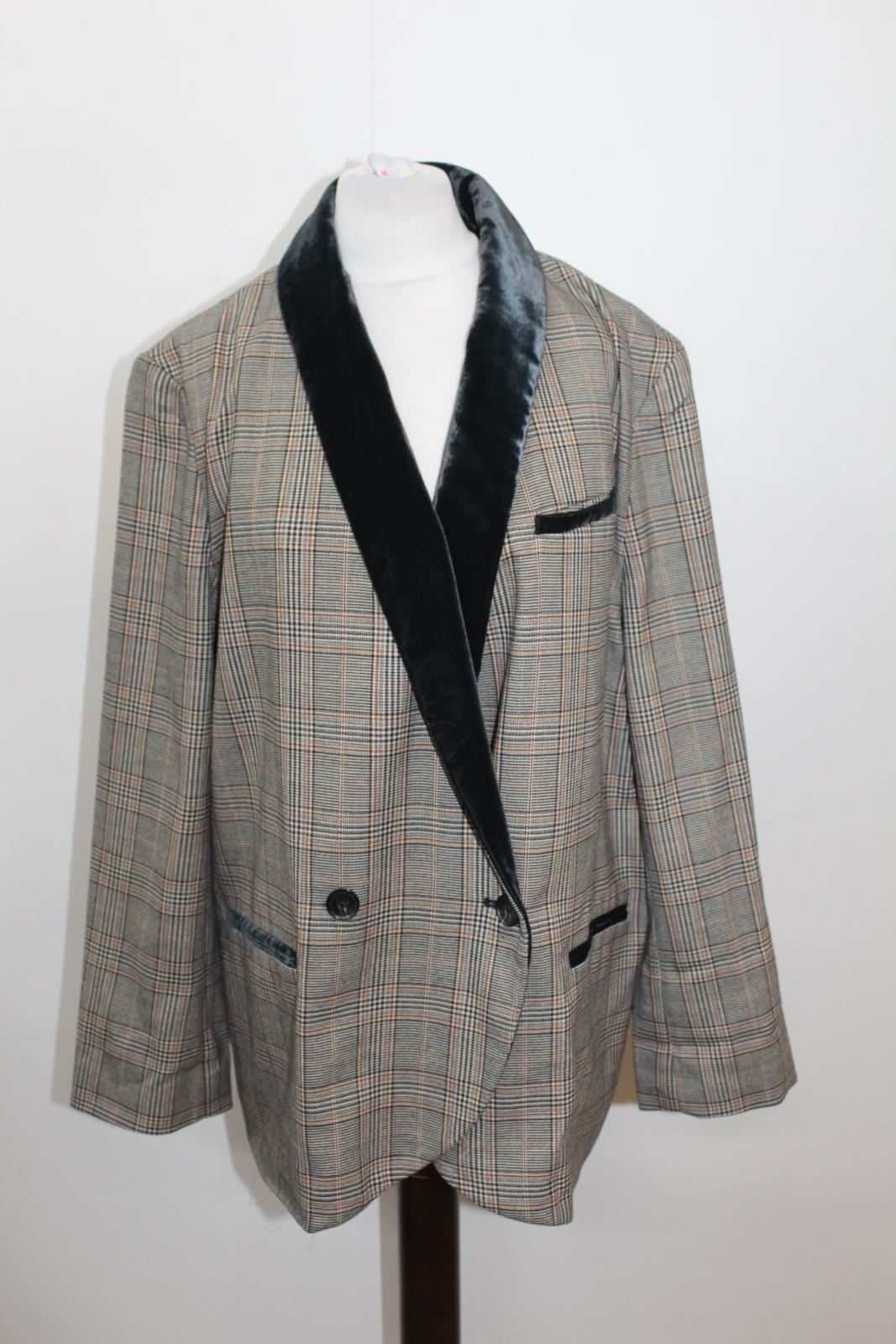 Double Ladies Nwot Green Xs Grey Jacket Check People Lapel Breasted Velvet Free xRtw6T