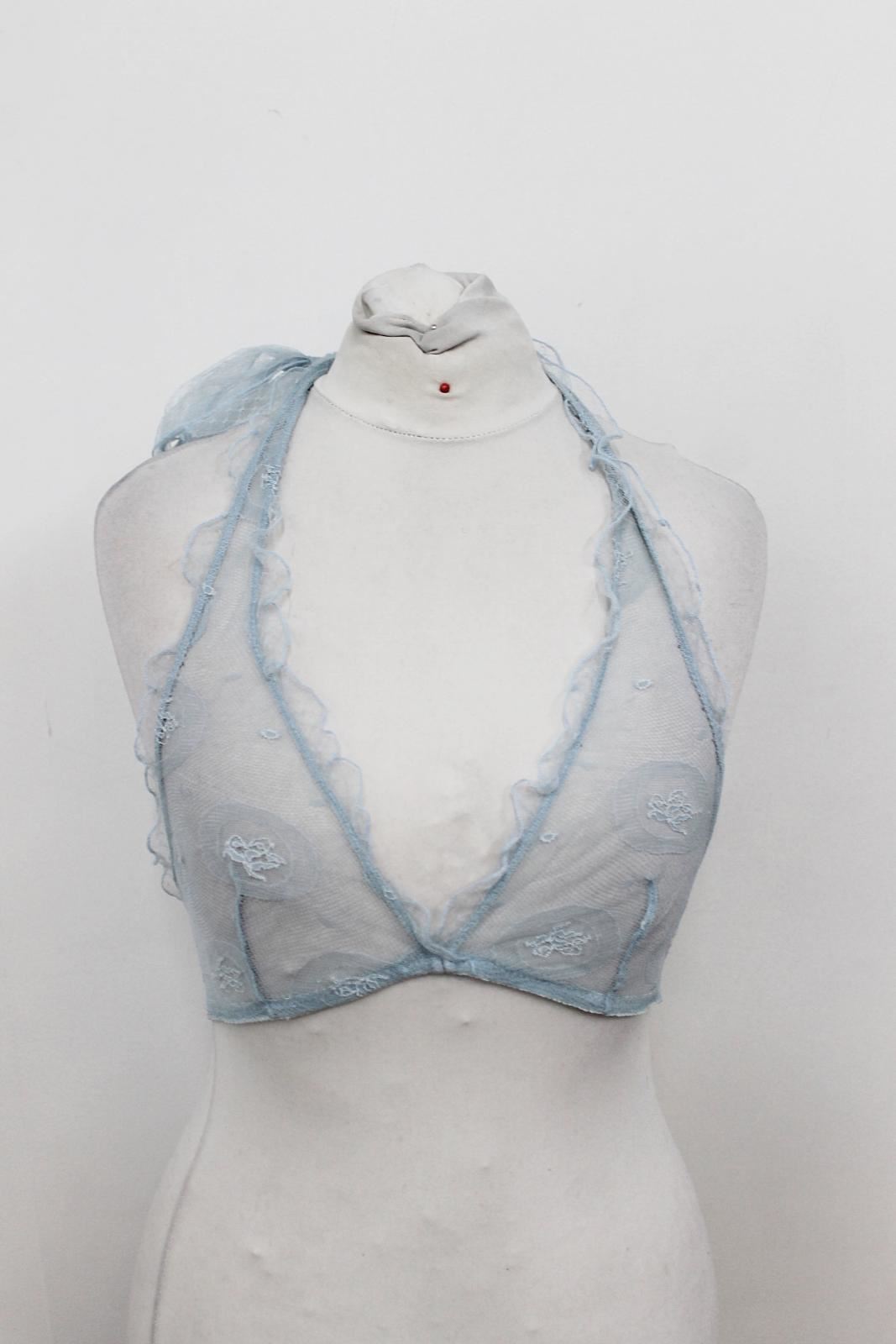 LA-PERLA-Ladies-Light-Blue-Lace-Halterneck-Unwired-Delicate-Bra-Size-UK34