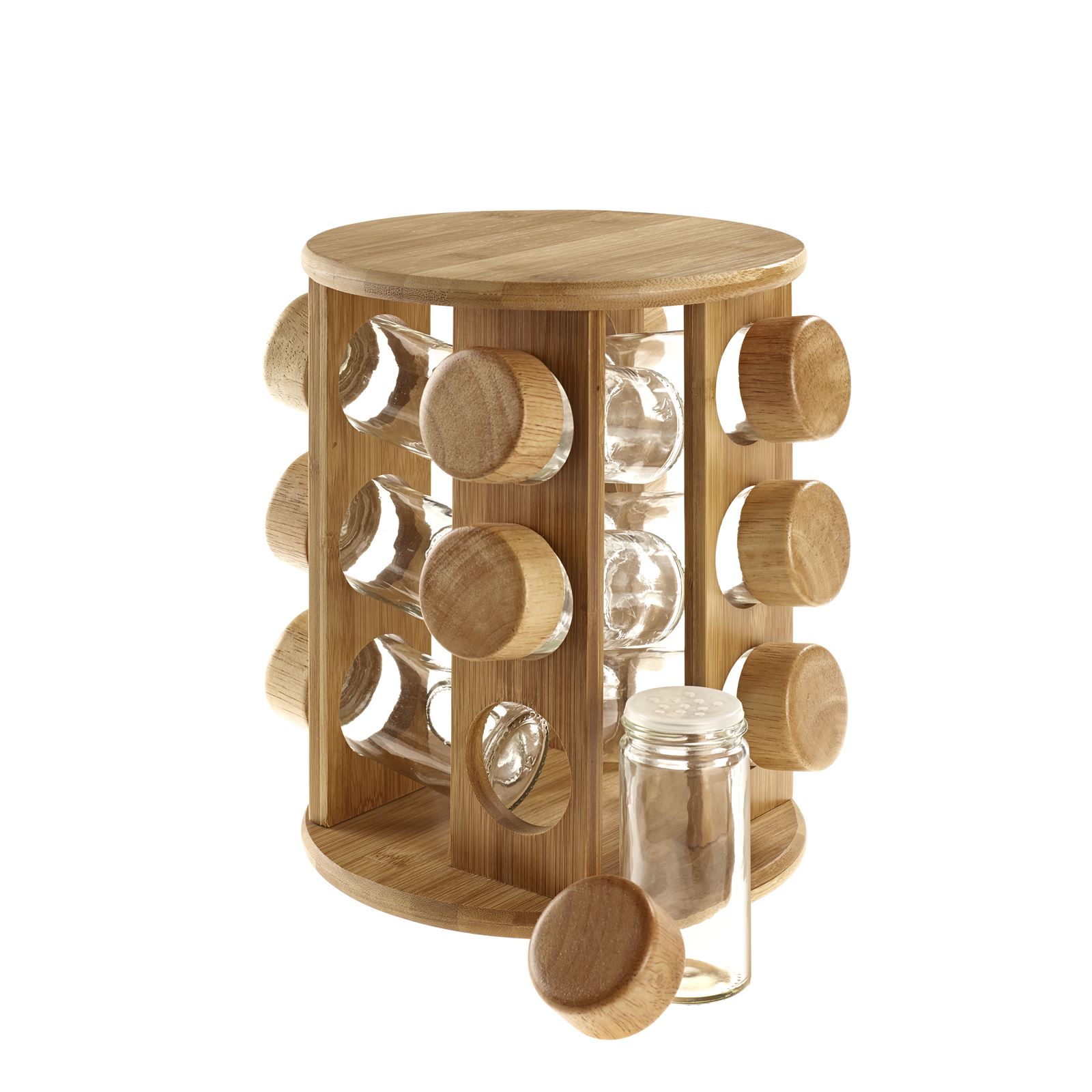 Wooden Rotating Revolving Bamboo Spice Rack Glass Jars Gift for Kitchen
