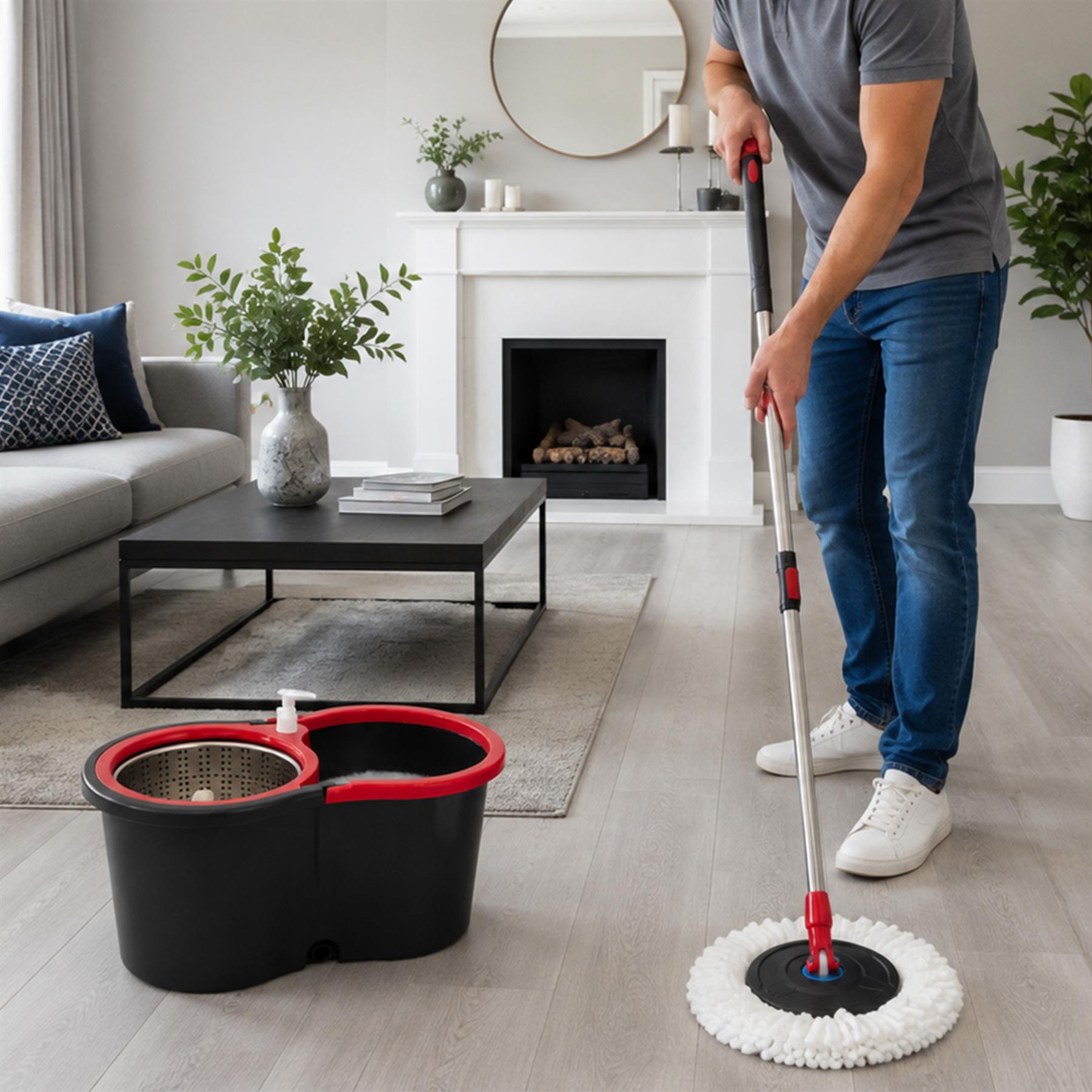 Spin Mop and Bucket Set Stainless Steel Wringer Drain Hole Soap Dispenser - Produktbild 1