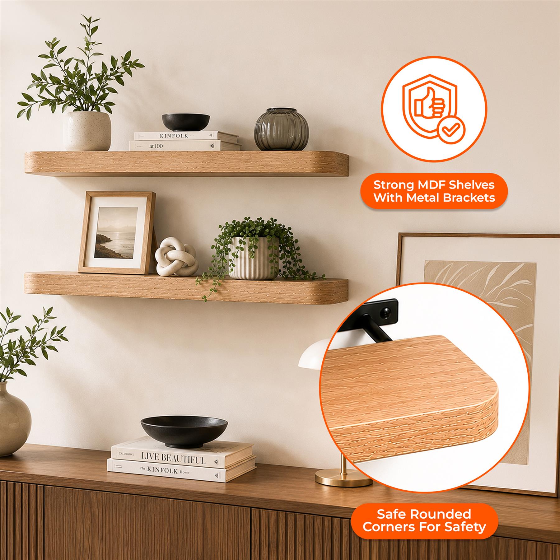 Curved Floating Shelf Set of 2 60cm Matt White Oak Walnut - Produktbild 1