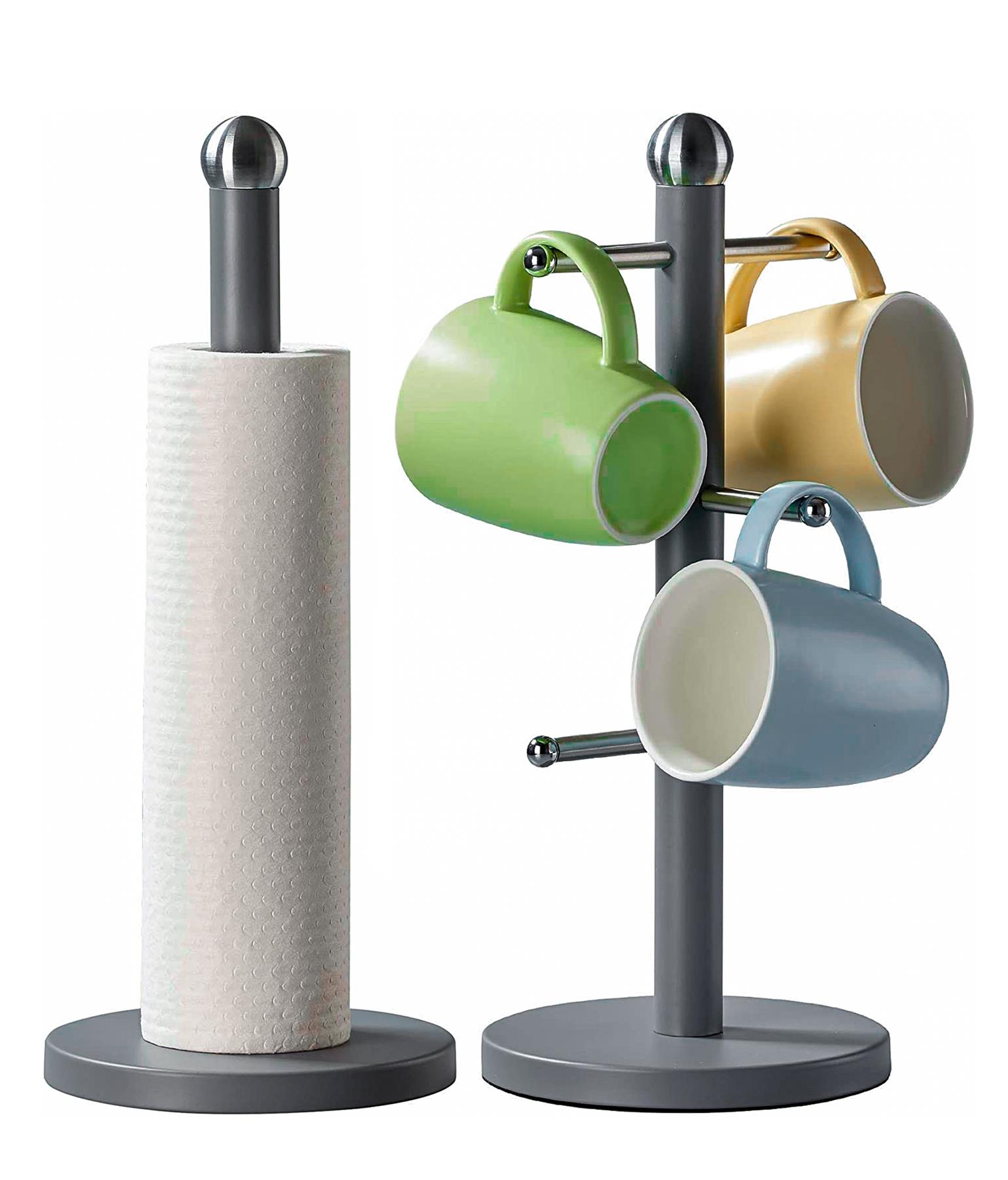 Kitchen Roll Holder & 6 Mug Tree Stand Stainless Steel Rack Set - Picture 3 of 9