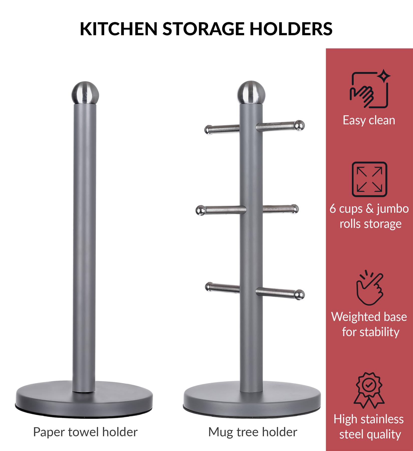 Kitchen Roll Holder & 6 Mug Tree Stand Stainless Steel Rack Set - Picture 5 of 9