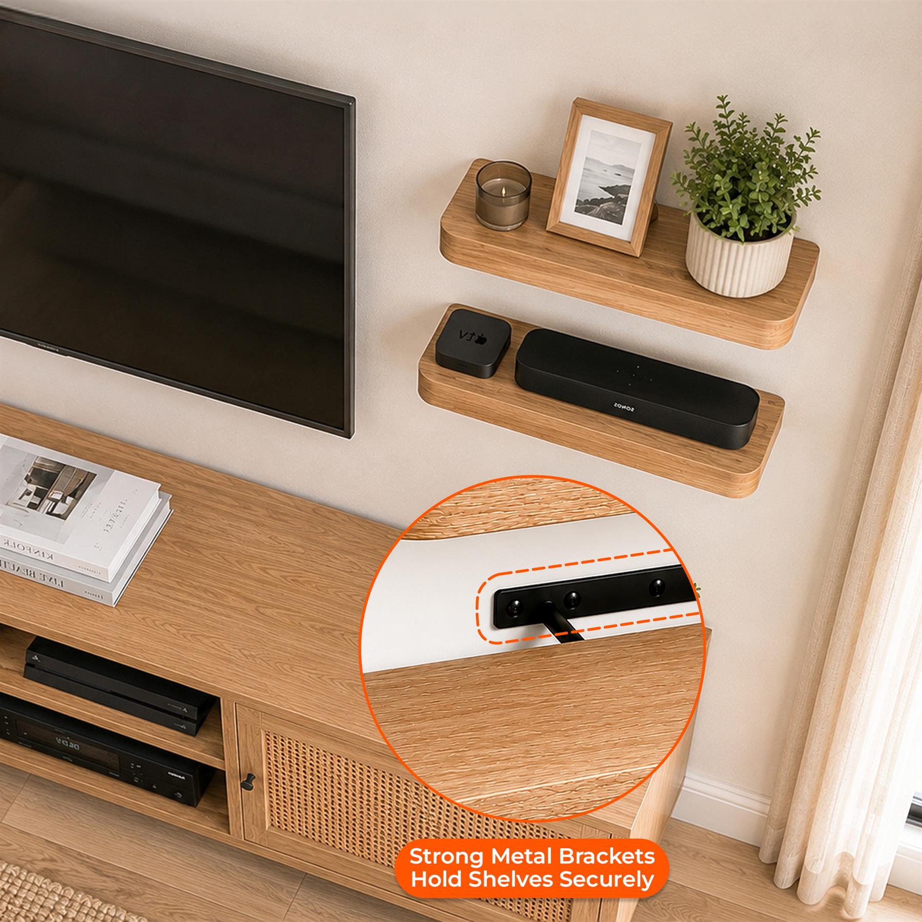 Curved Floating Shelf Set of 2 60cm Matt White Oak Walnut - Produktbild 3